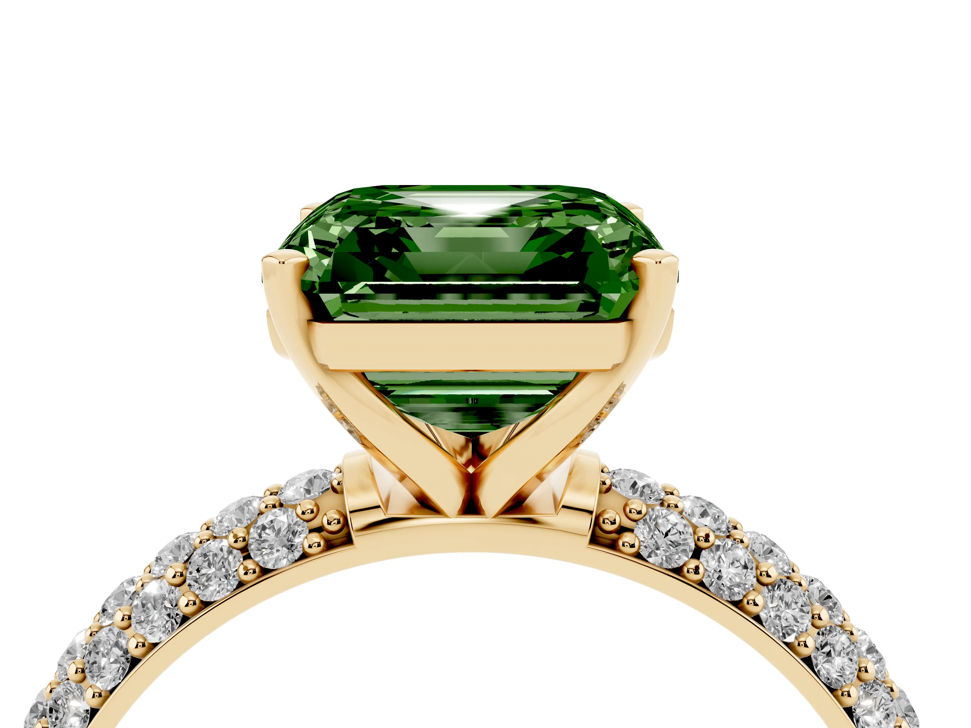Fancy Green Asscher Cut Diamond Solitaire Ring Set in Yellow gold with Prong Setting and Pavé-Set Band