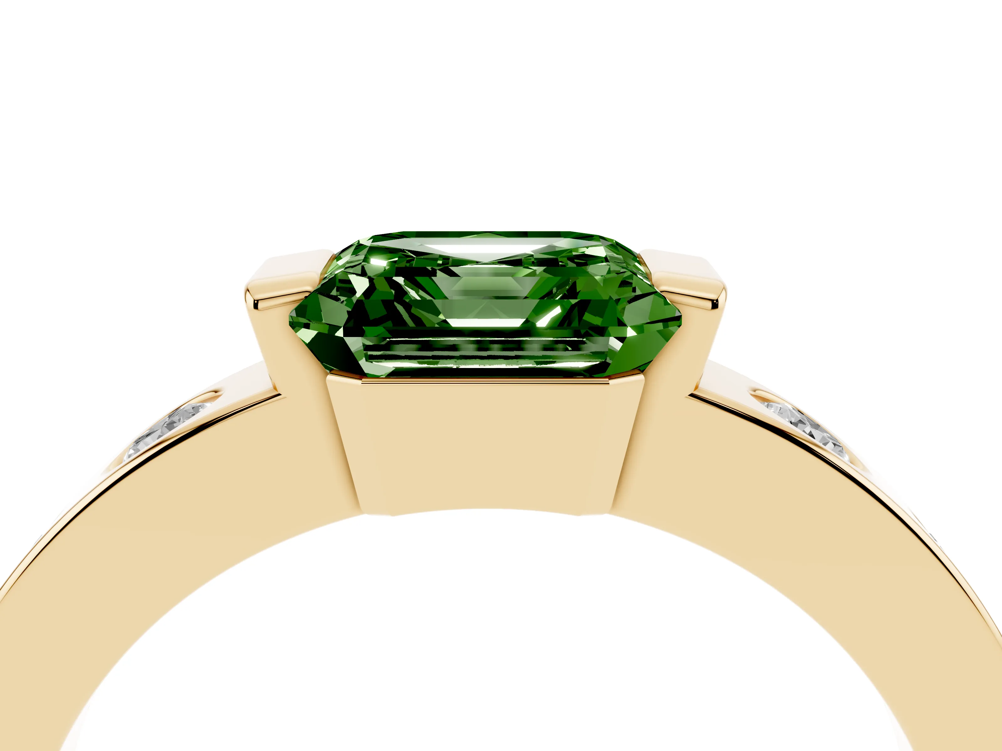 Fancy Green Asscher Cut Diamond Channel-Set Band Ring Set in Yellow gold with Bezel Prong Setting