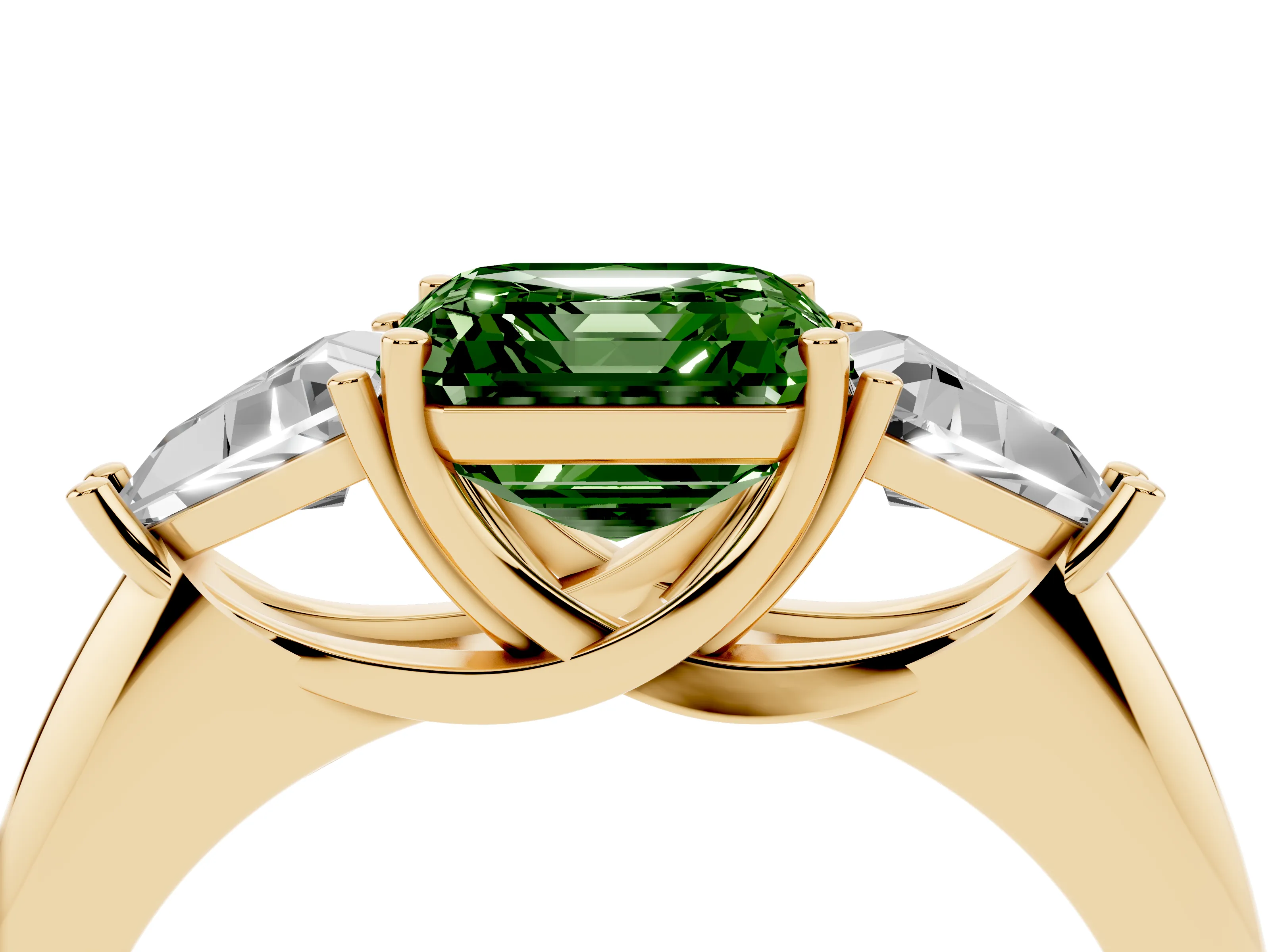 Fancy Green Asscher Cut Diamond Three-Stone Engagement Ring Set in Yellow gold with Trillion Side Stones
