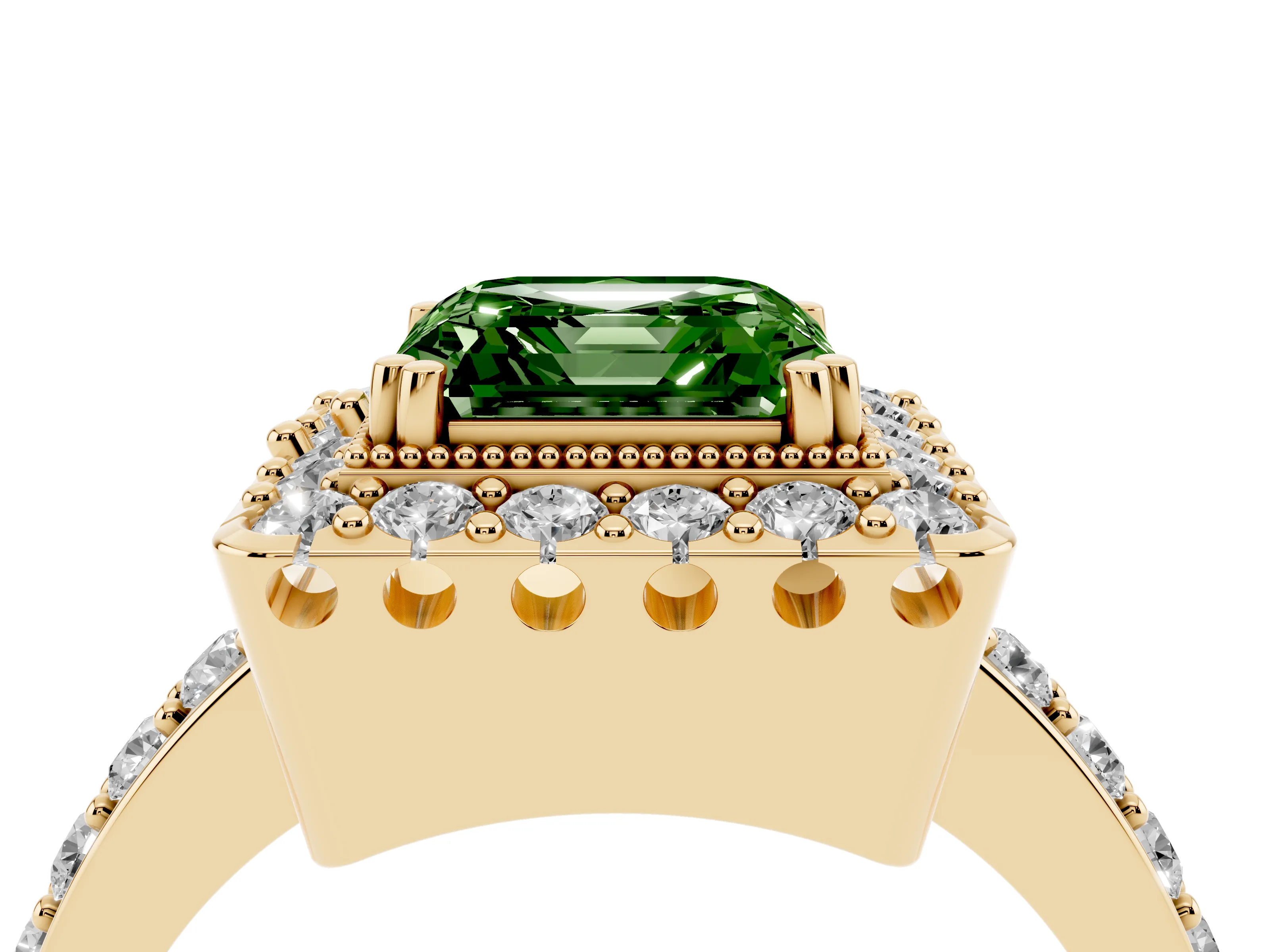 Fancy Green Asscher Cut Diamond Halo Ring Set in Yellow gold with Pavé Shank and Prong Setting
