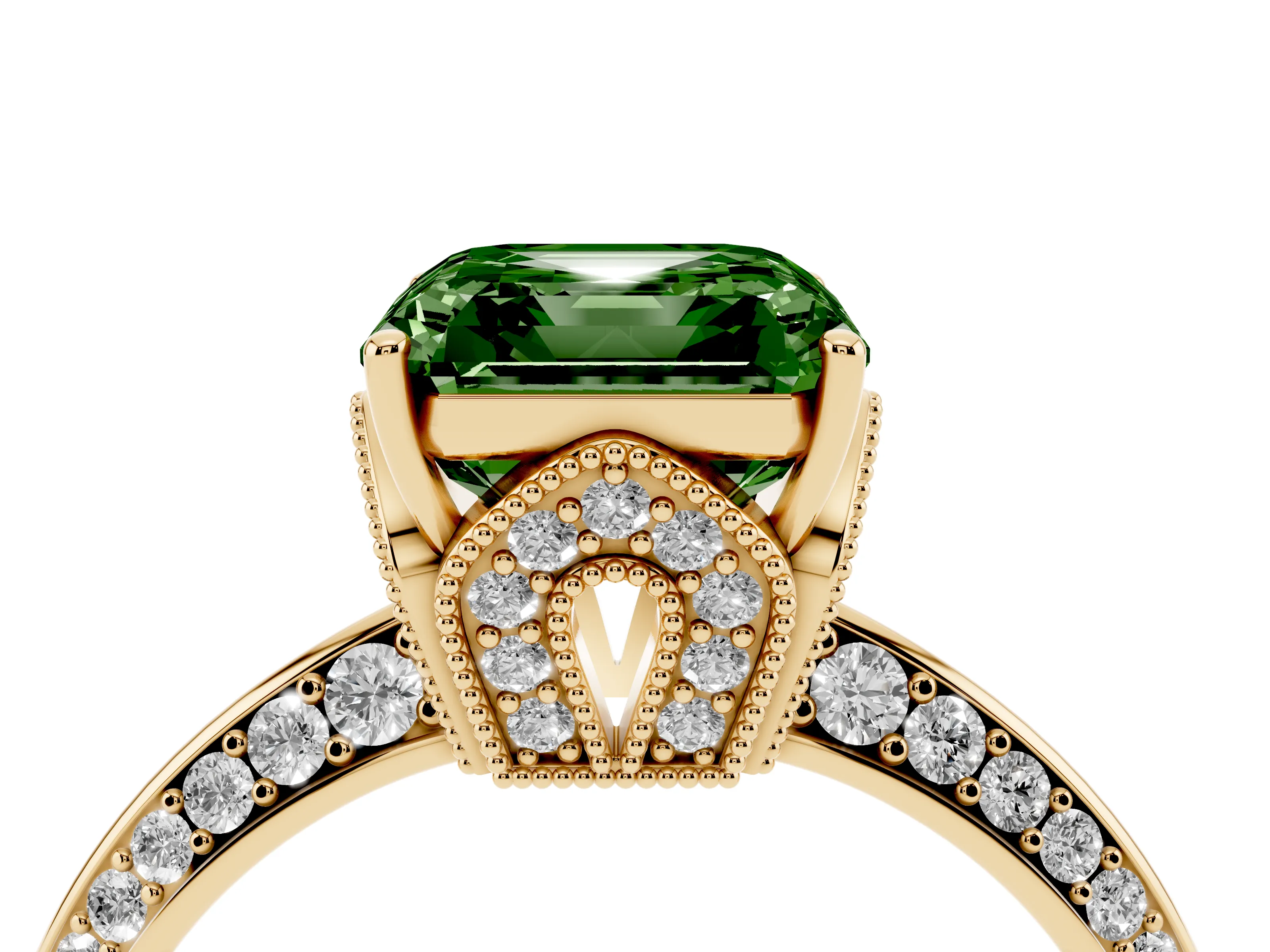 Fancy Green Asscher Cut Diamond Solitaire Engagement Ring Set in Yellow gold with Pavé Split Shank and Prong Setting