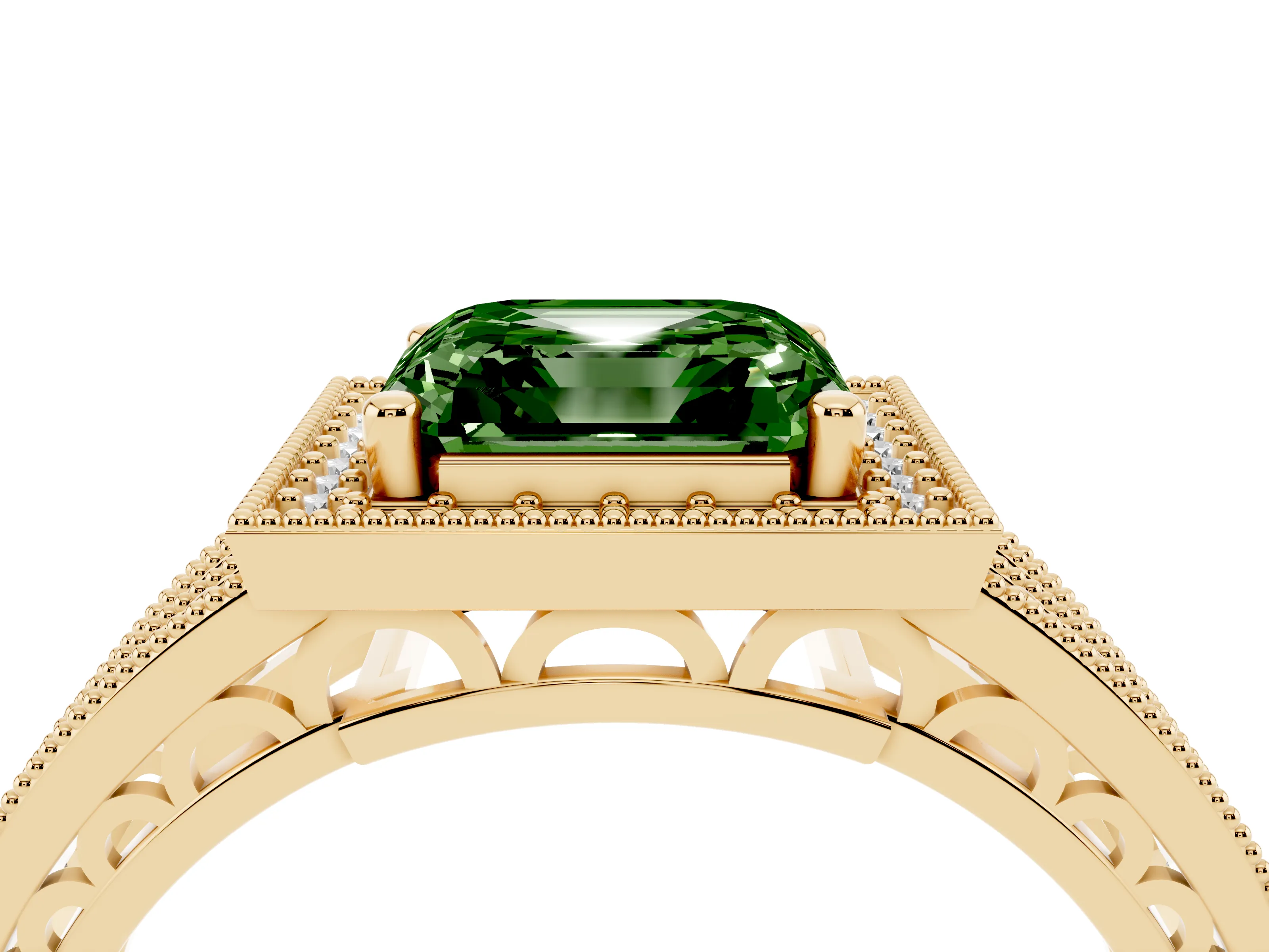 Fancy Green Asscher Cut Diamond Halo Ring Set in Yellow gold with Accent Split Shank and Prong Setting