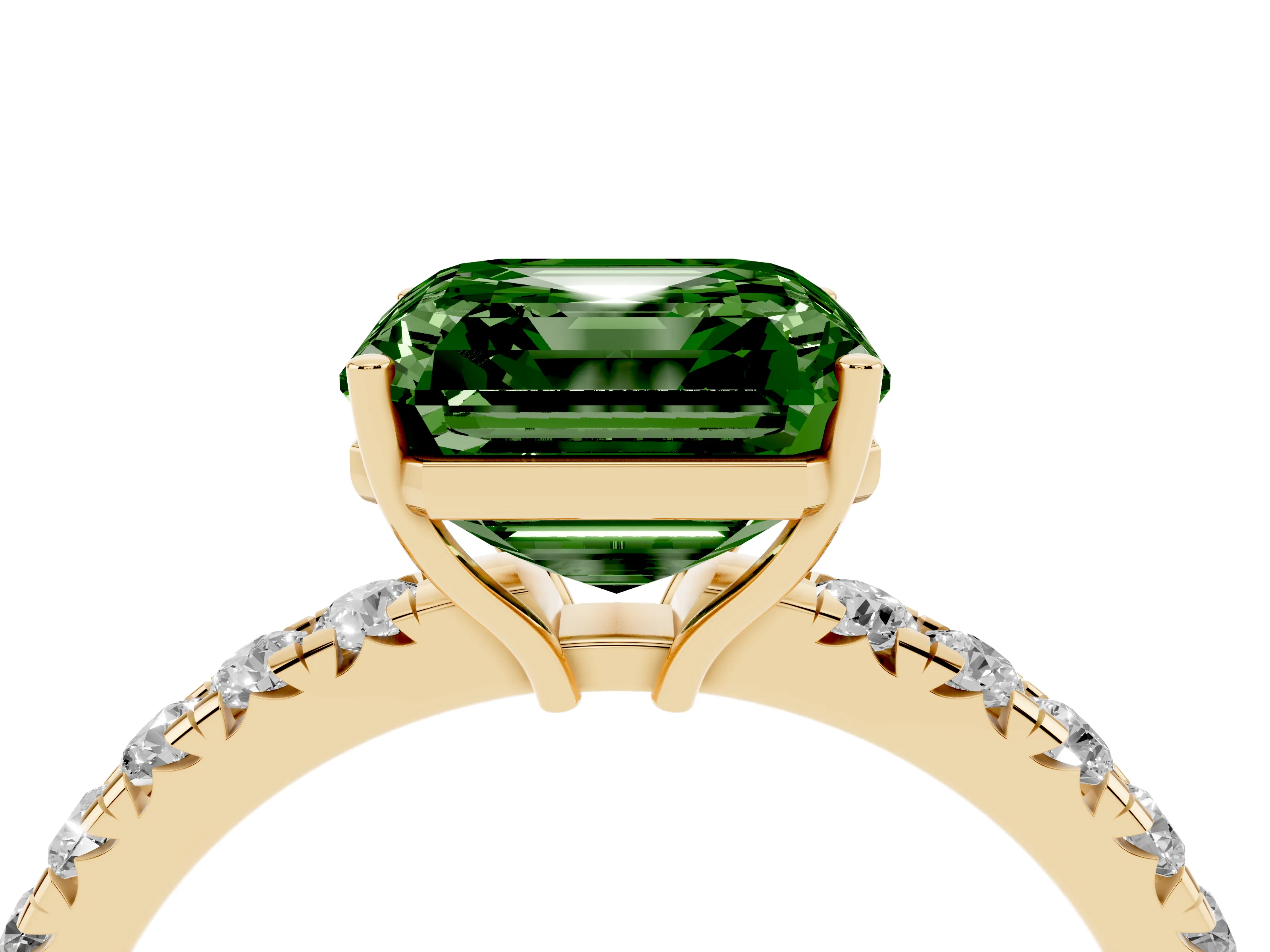 Fancy Green Asscher Cut Diamond Pavé Solitaire Engagement Ring Set in Yellow gold with Prong Setting