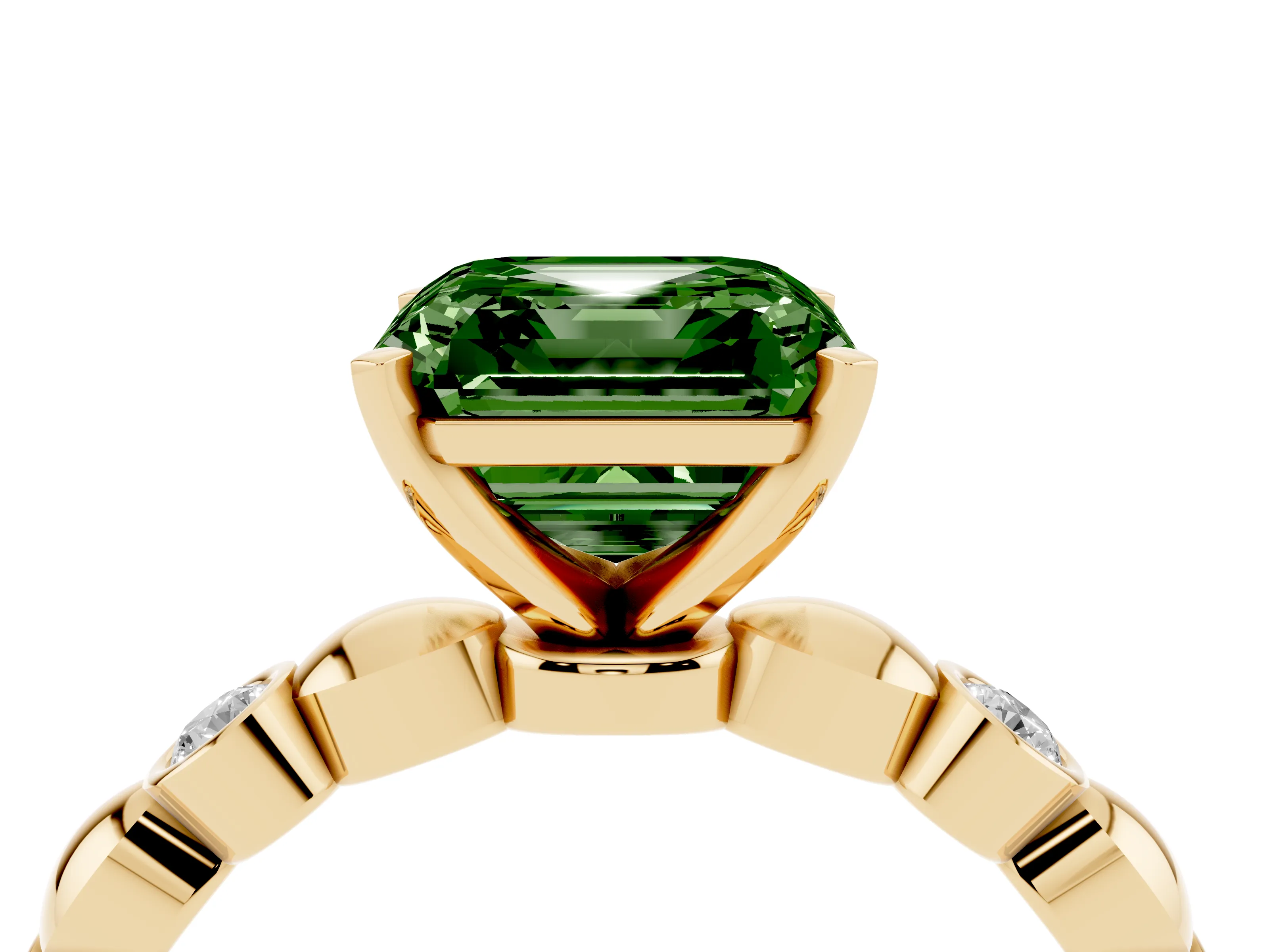 Fancy Green Asscher Cut Diamond Solitaire Ring Set in Yellow gold with Bezel-Set Accents on Beaded Band and Prong Setting