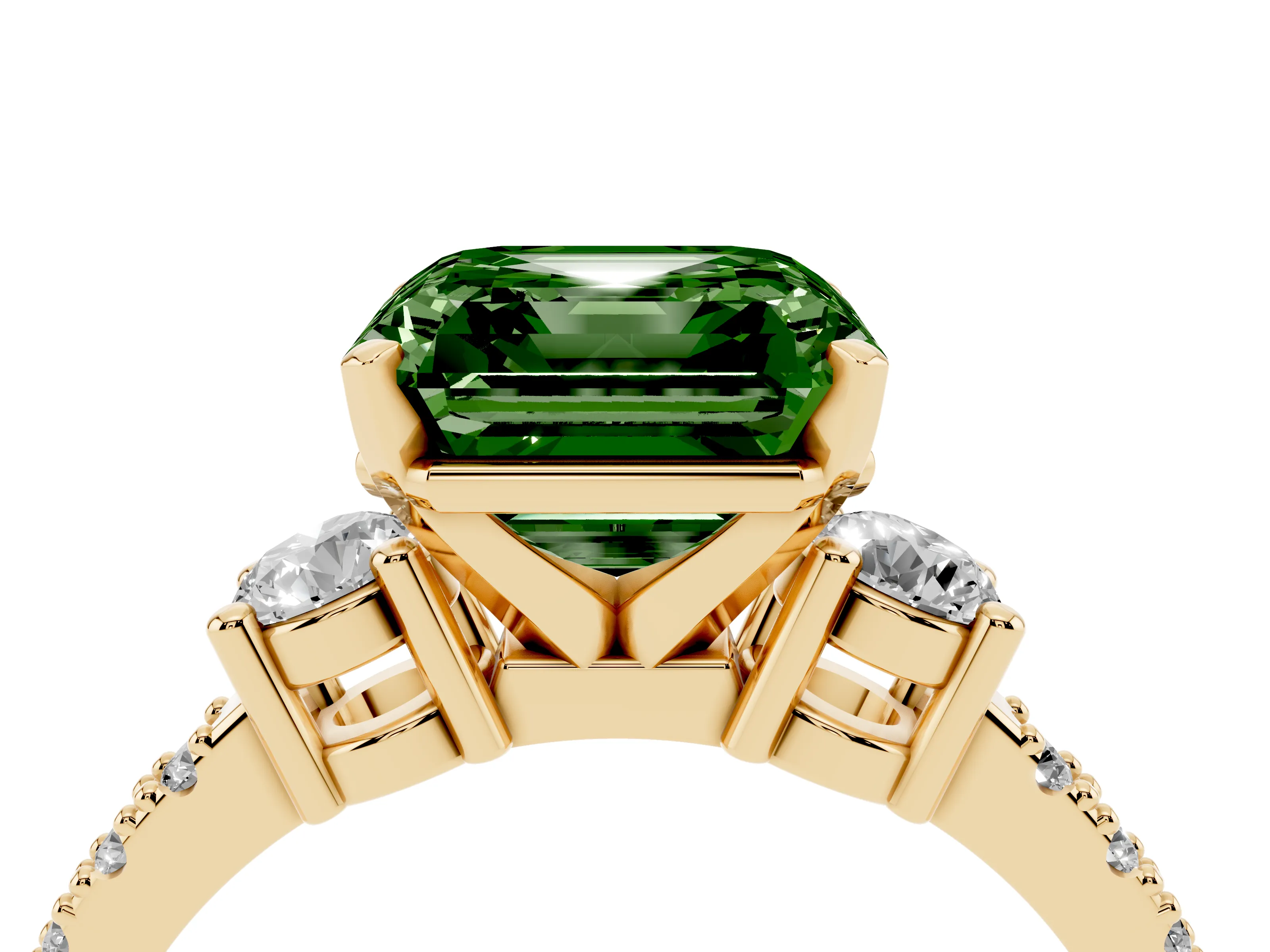 Fancy Green Three-Stone Asscher Cut Diamond Pavé Band Ring Set in Yellow gold with Prong Setting