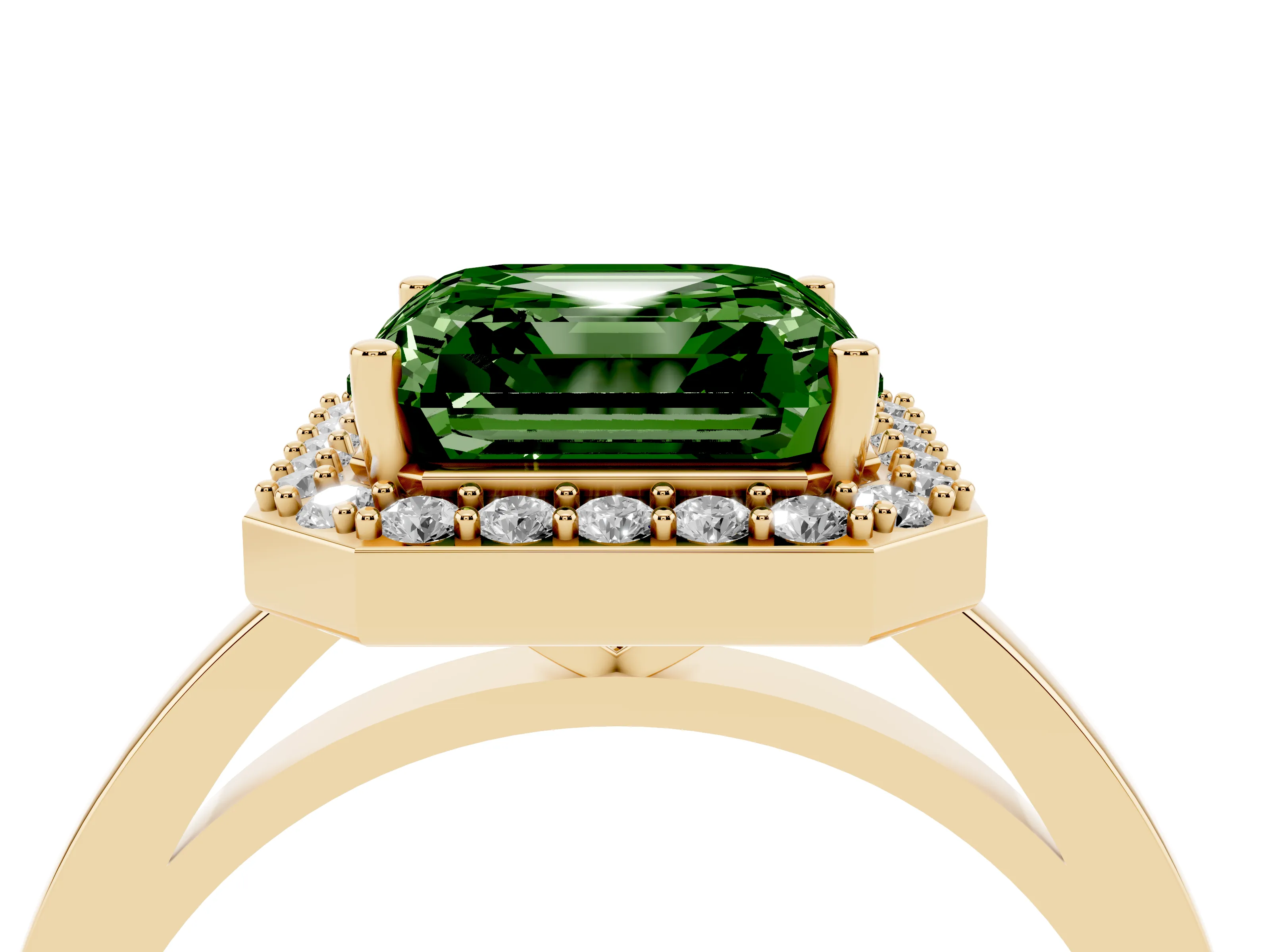 Fancy Green Asscher Cut Diamond Halo Ring Set in Yellow gold with Solitaire Band and Prong Setting