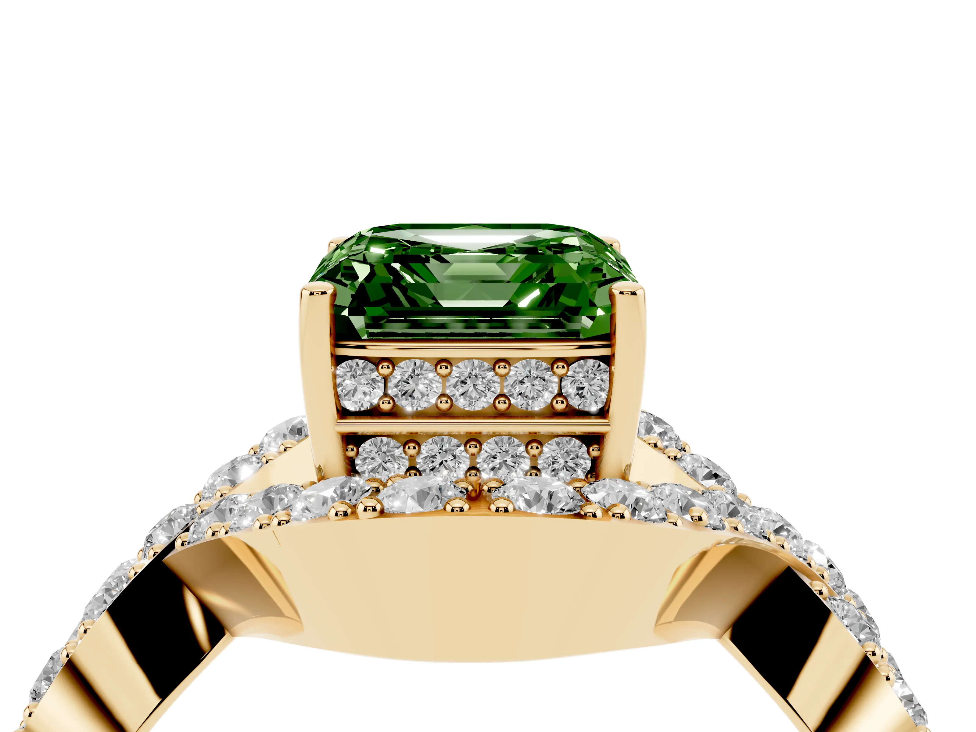 Fancy Green Asscher Cut Diamond Solitaire Twist Band Pavé Engagement Ring Set in Yellow gold