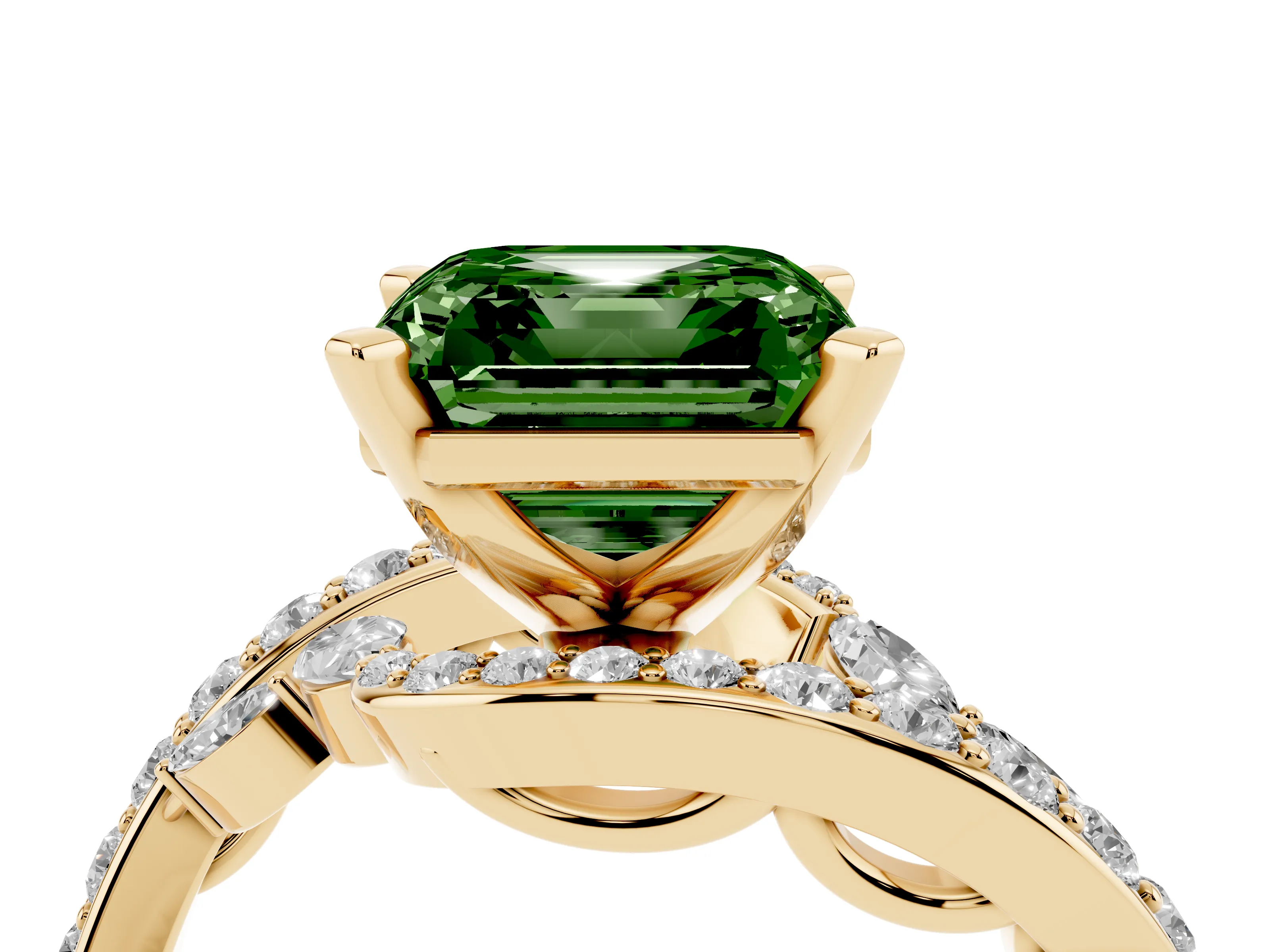 Fancy Green Asscher Cut Diamond Solitaire Ring Set in Yellow gold with Pavé Twist Band and Secure Prong Setting