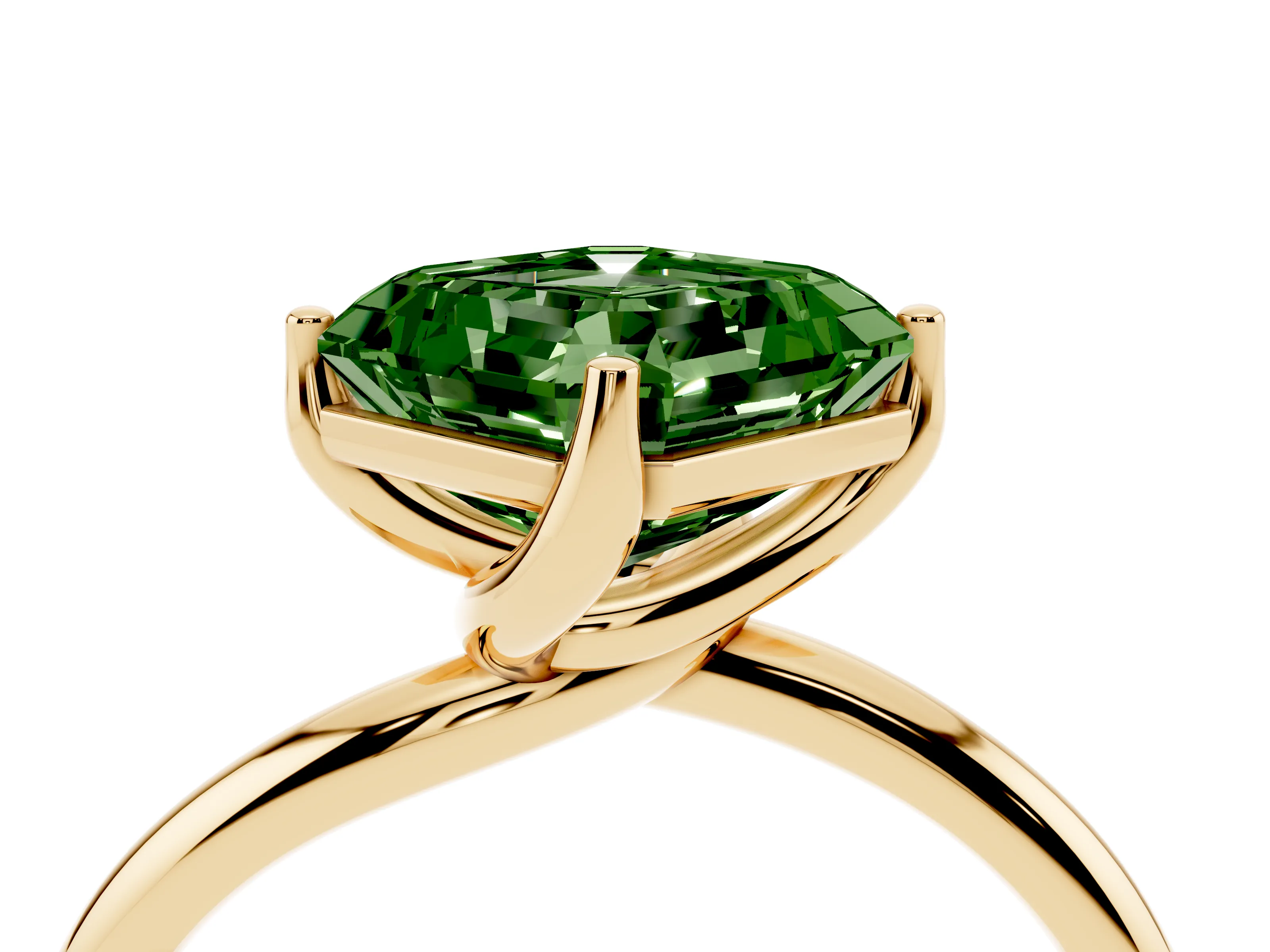 Fancy Green Asscher Cut Diamond Solitaire Engagement Ring Set in Yellow gold with Classic Plain Band