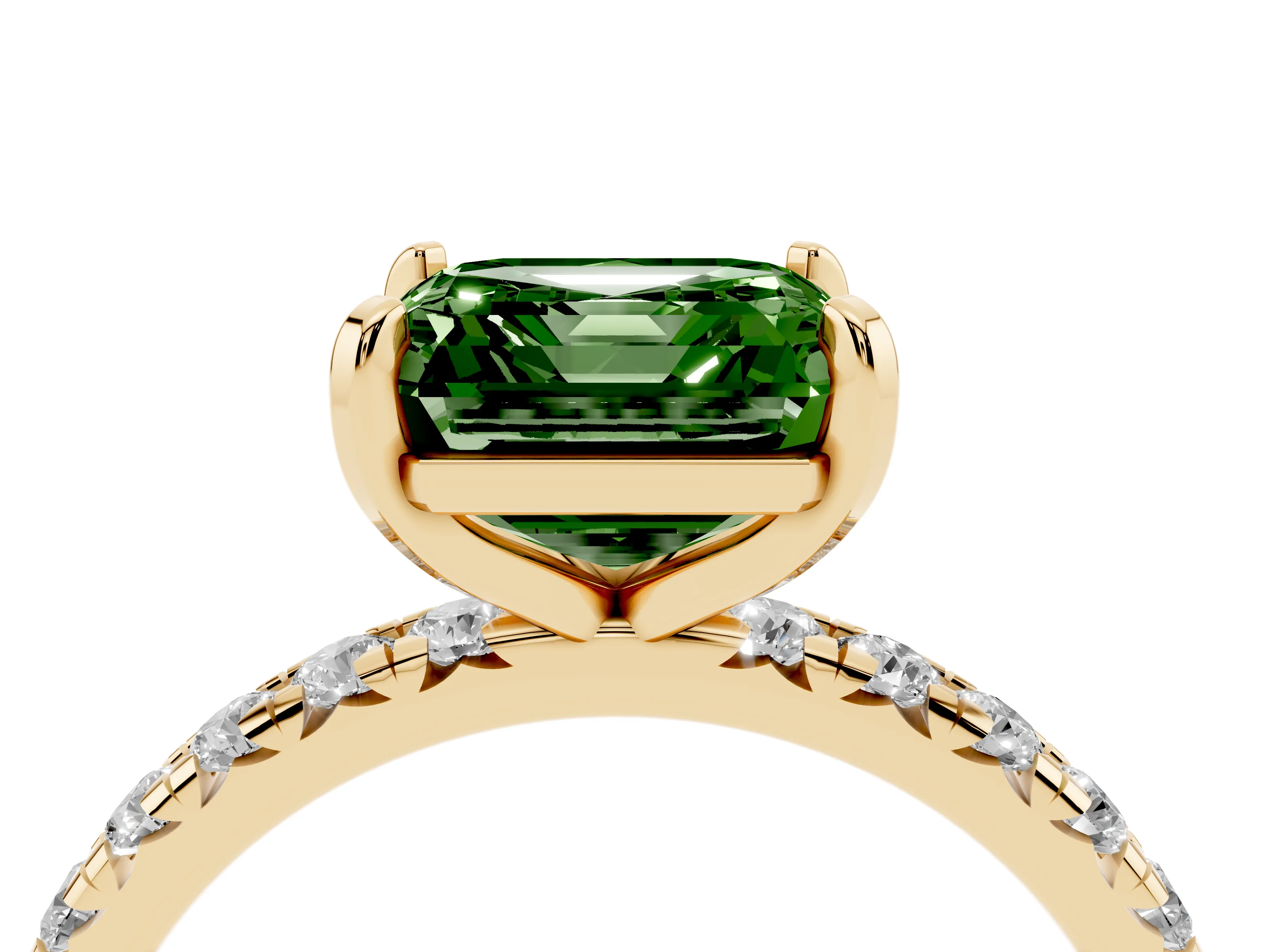 Fancy Green Asscher Cut Diamond Pavé Solitaire Ring Set in Yellow gold with Round Band and Prong Setting