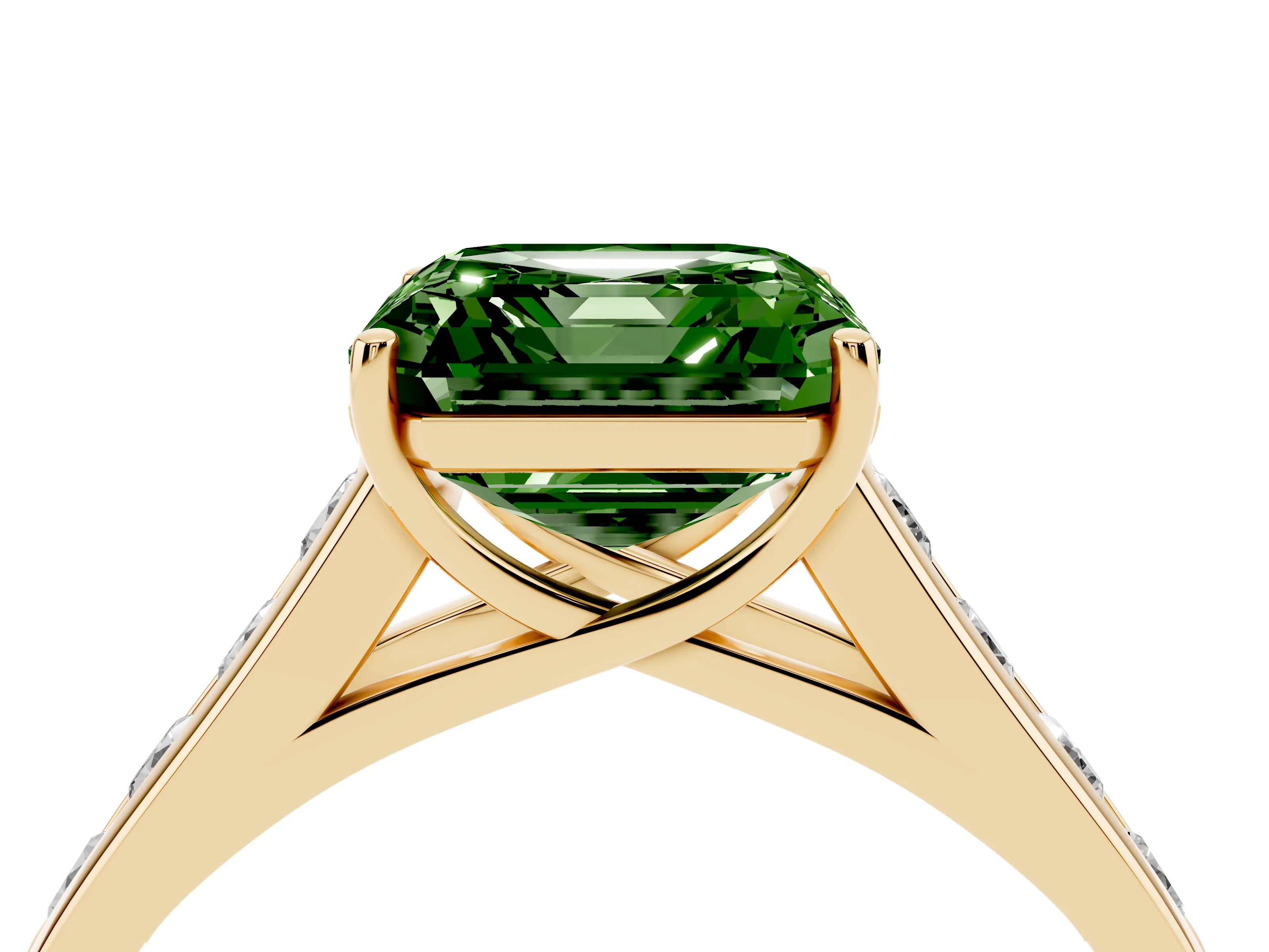 Fancy Green Asscher Cut Diamond Brilliant Channel-Set Solitaire Ring Set in Yellow gold with Prong Setting