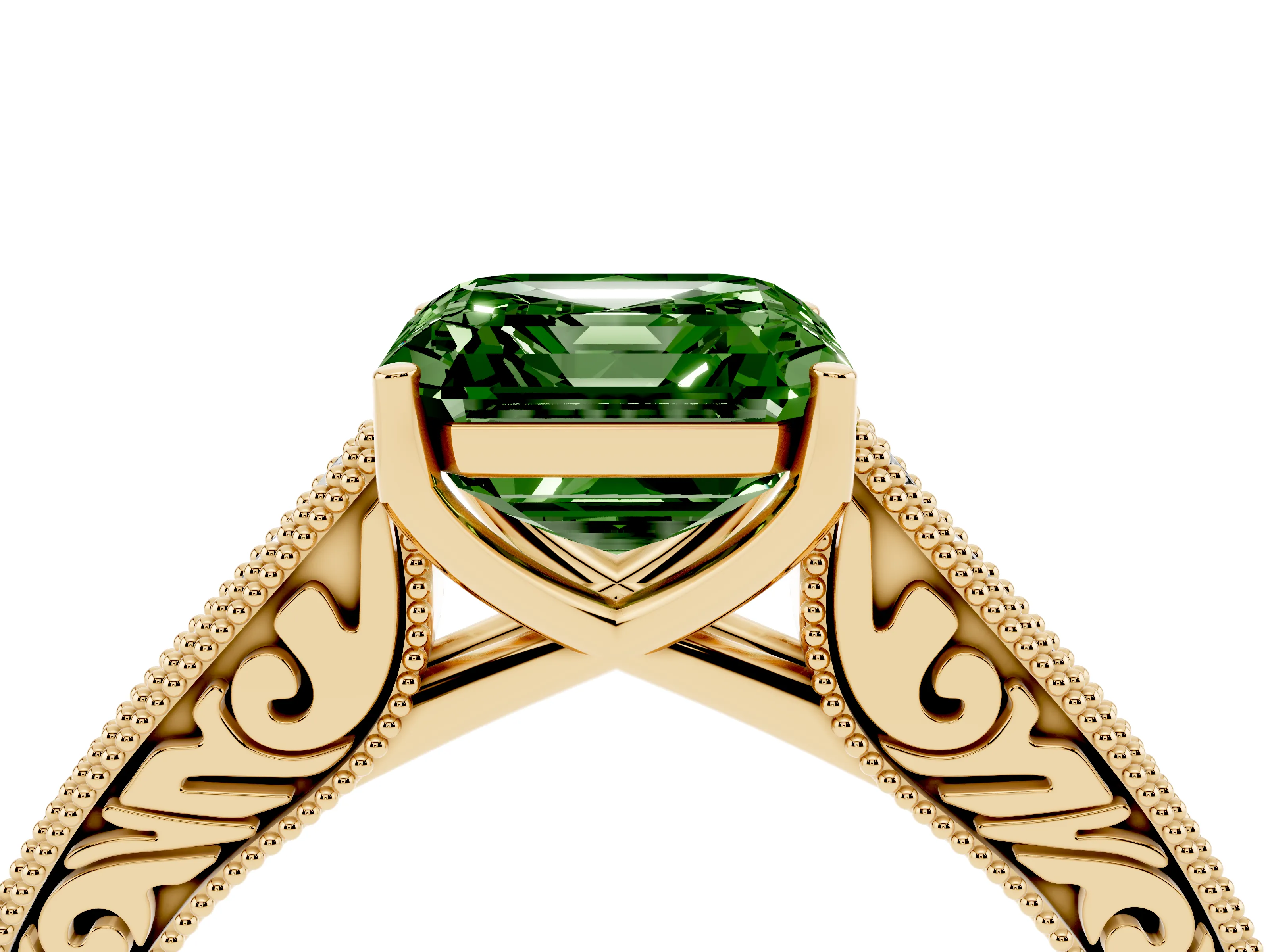 Fancy Green Asscher Cut Diamond Milgrain Pavé Band Solitaire Ring Set in Yellow gold with Prong Setting