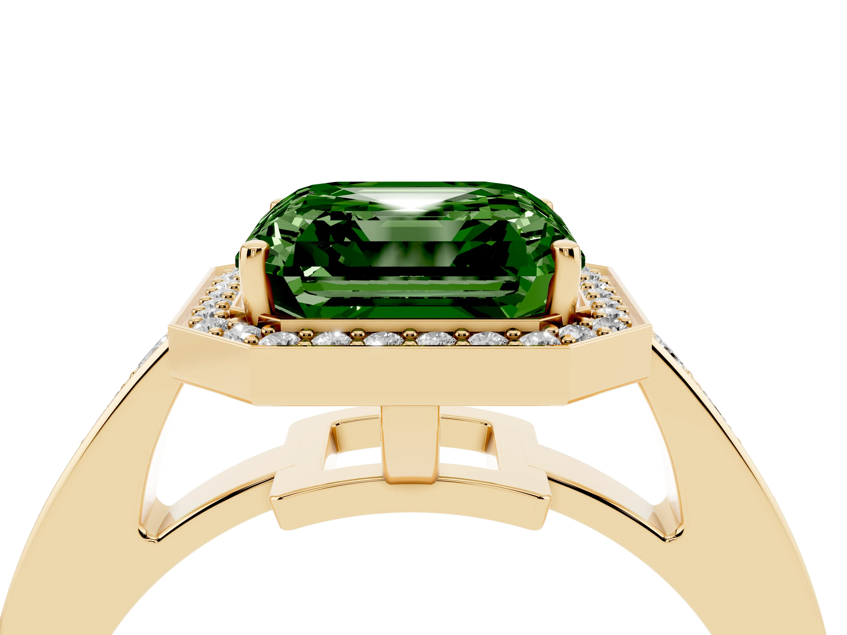 Fancy Green Asscher Cut Diamond Halo Pavé Engagement Ring Set in Yellow gold with Bezel Setting