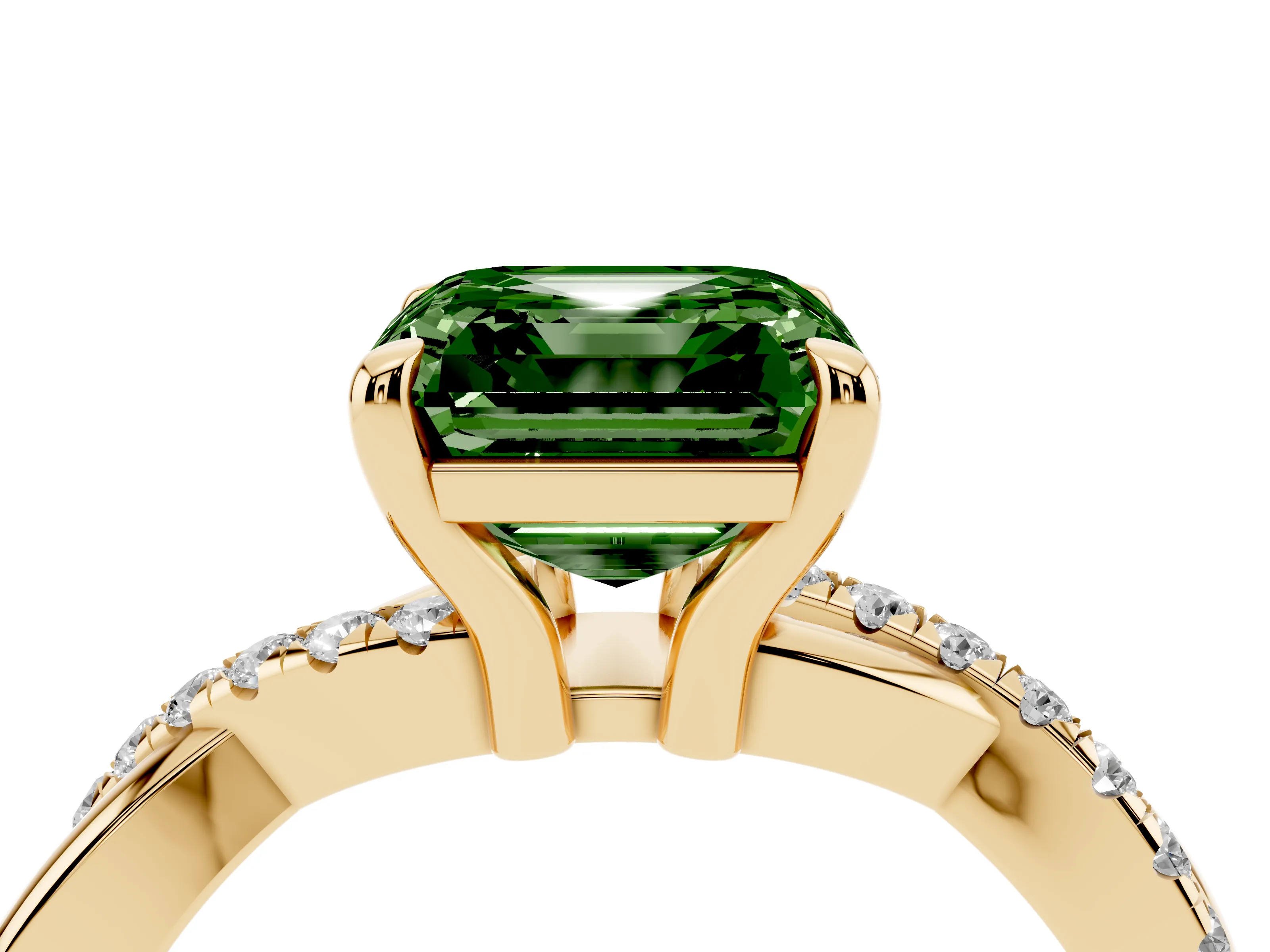 Fancy Green Asscher Cut Diamond Twist Band Pavé Solitaire Ring Set in Yellow gold with Prong Setting