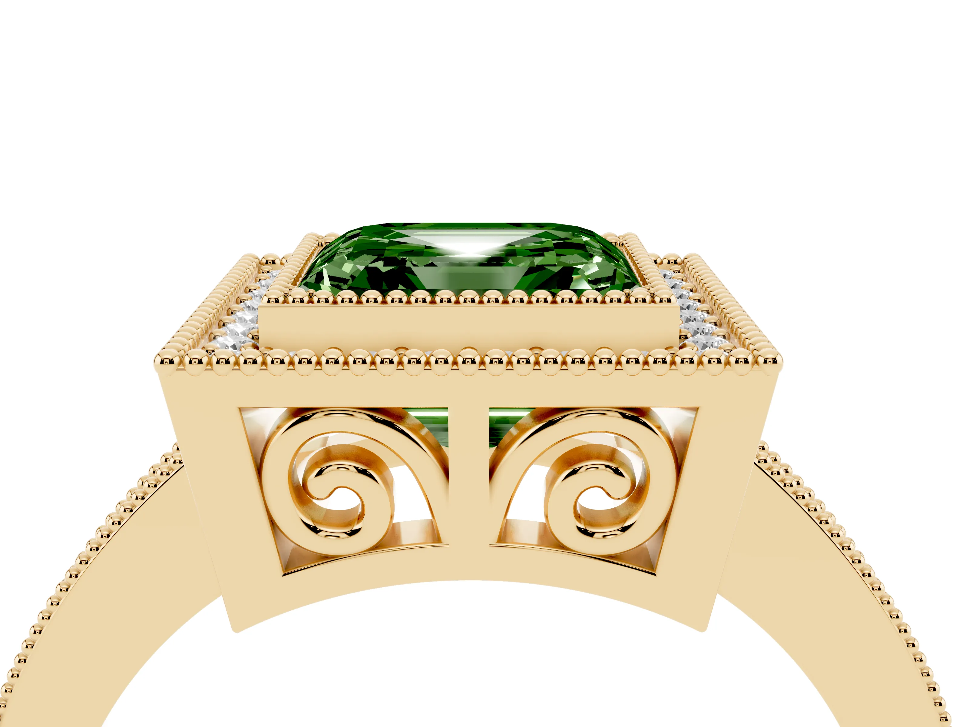 Fancy Green Asscher Cut Diamond Round Halo Ring Set in Yellow gold with Pavé Band