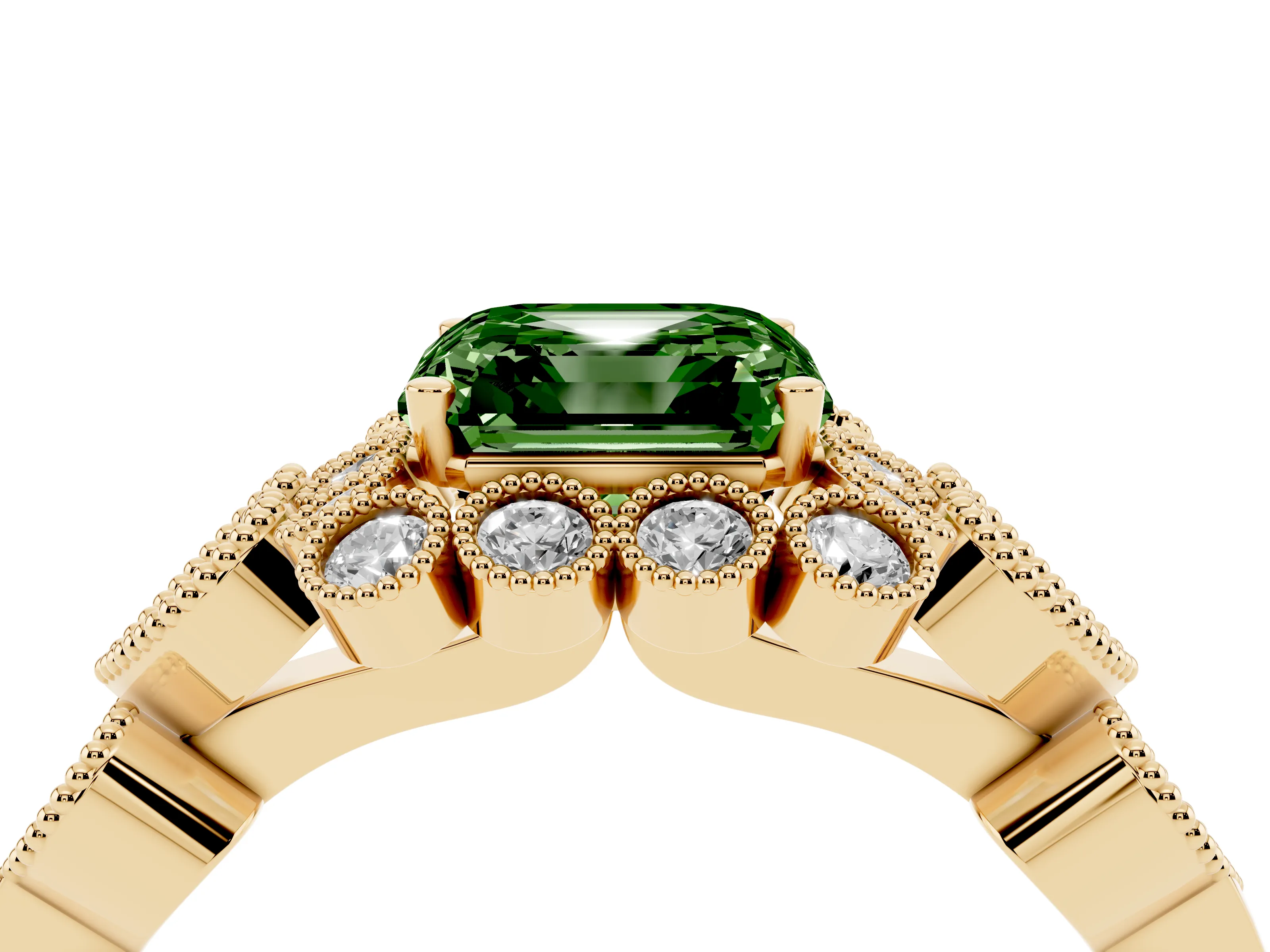 Fancy Green Asscher Cut Diamond Solitaire Ring Set in Yellow gold with Milgrain Pavé Heart Band