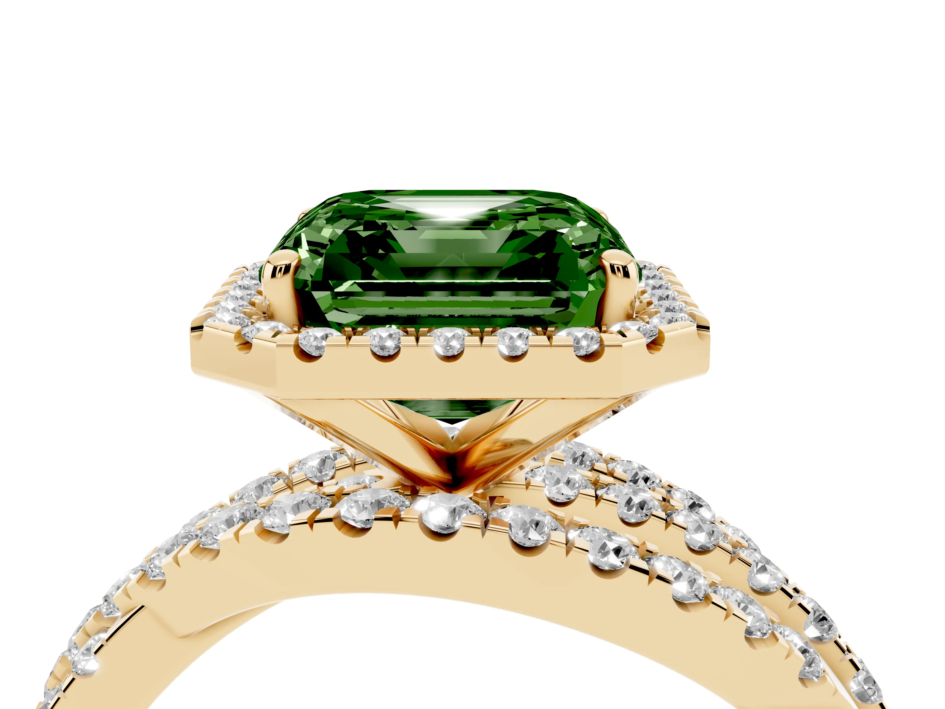 Fancy Green Asscher Cut Diamond Halo Ring Set in Yellow gold with Round Crossover Split Shank and Prong Setting