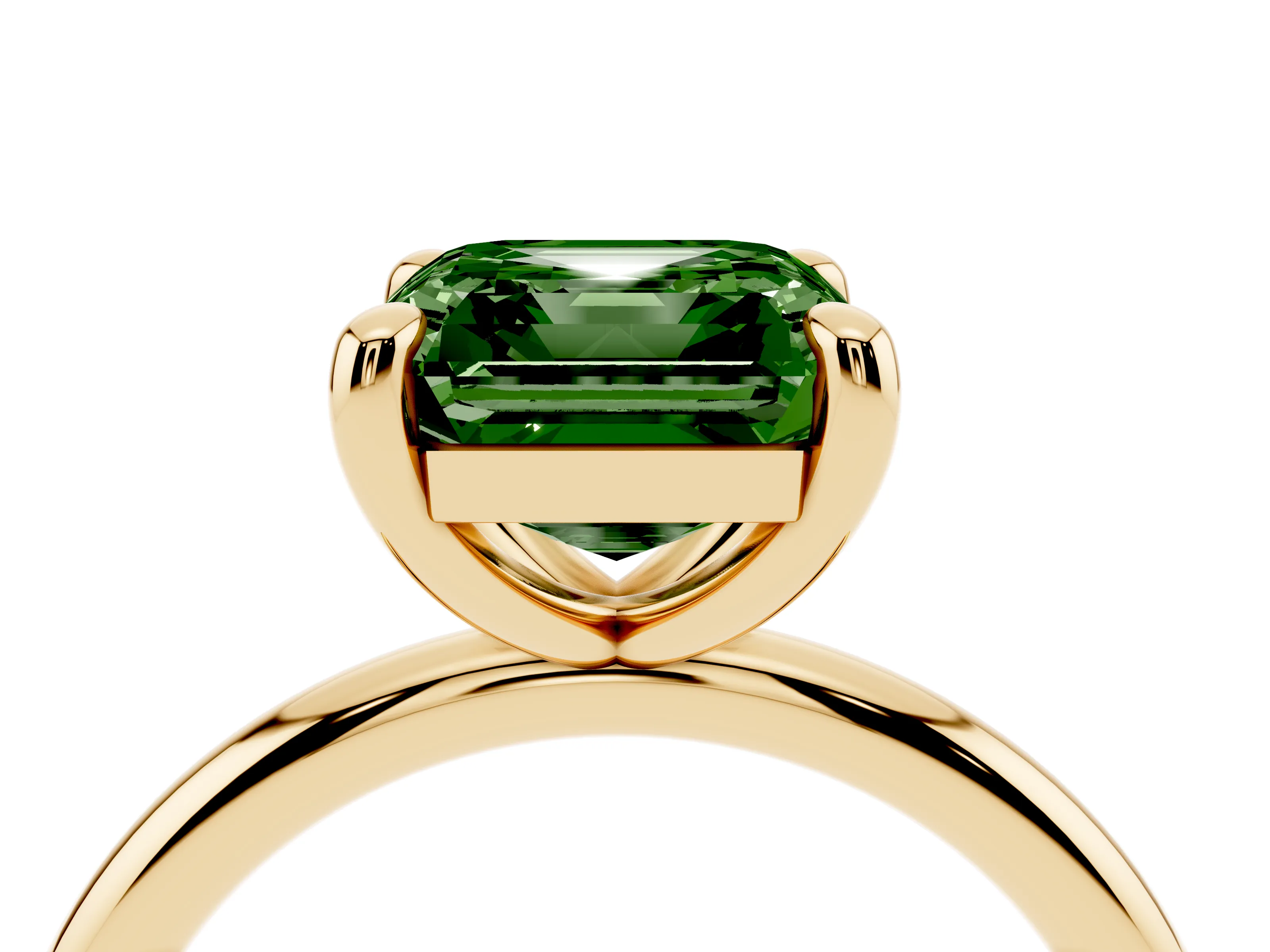 Fancy Green Asscher Cut Diamond Solitaire Ring Set in Yellow gold with Prong Setting on a Polished Plain Band