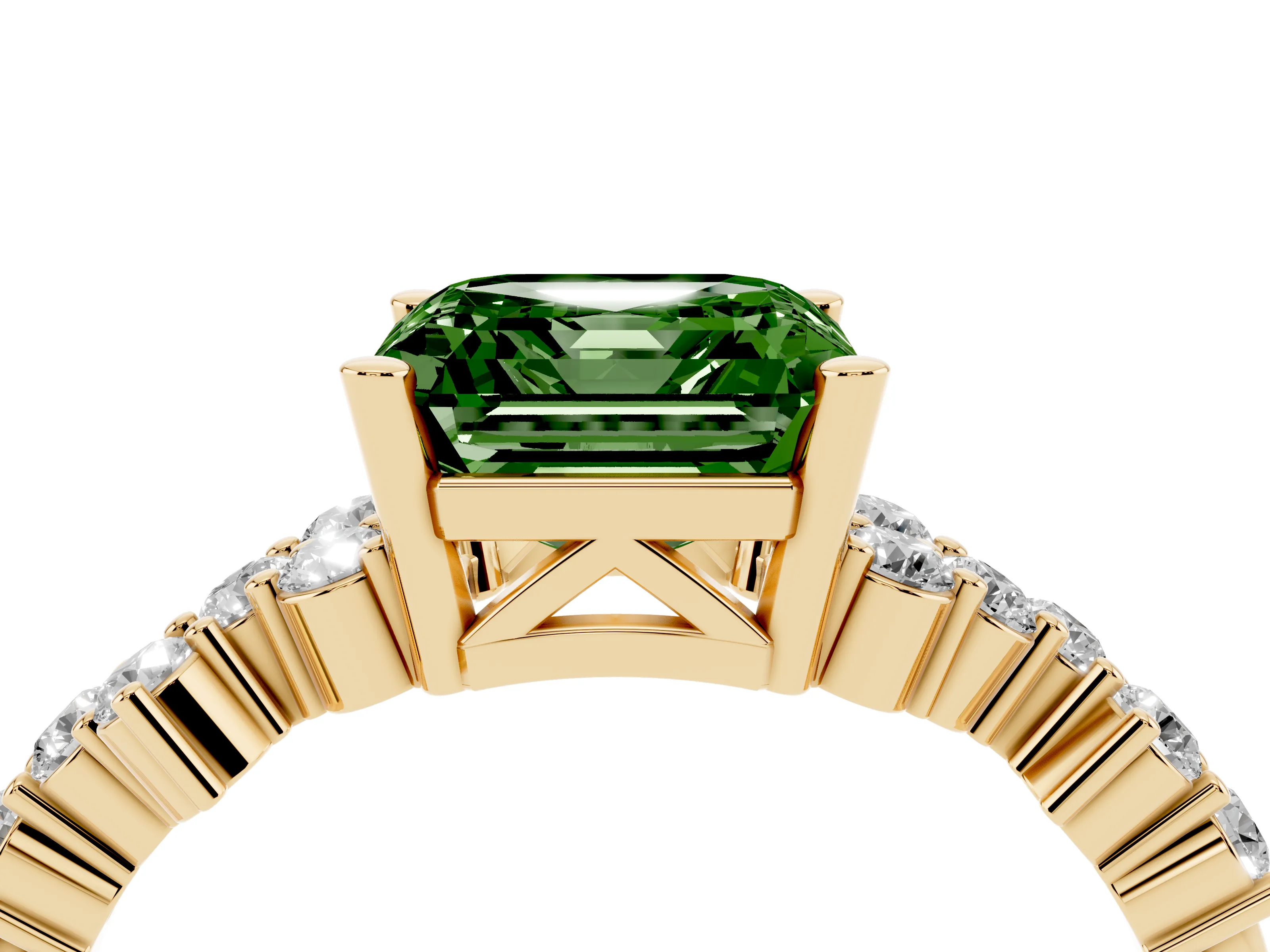 Fancy Green Asscher Cut Diamond Ring Set in Yellow gold with Scattered Round Accents