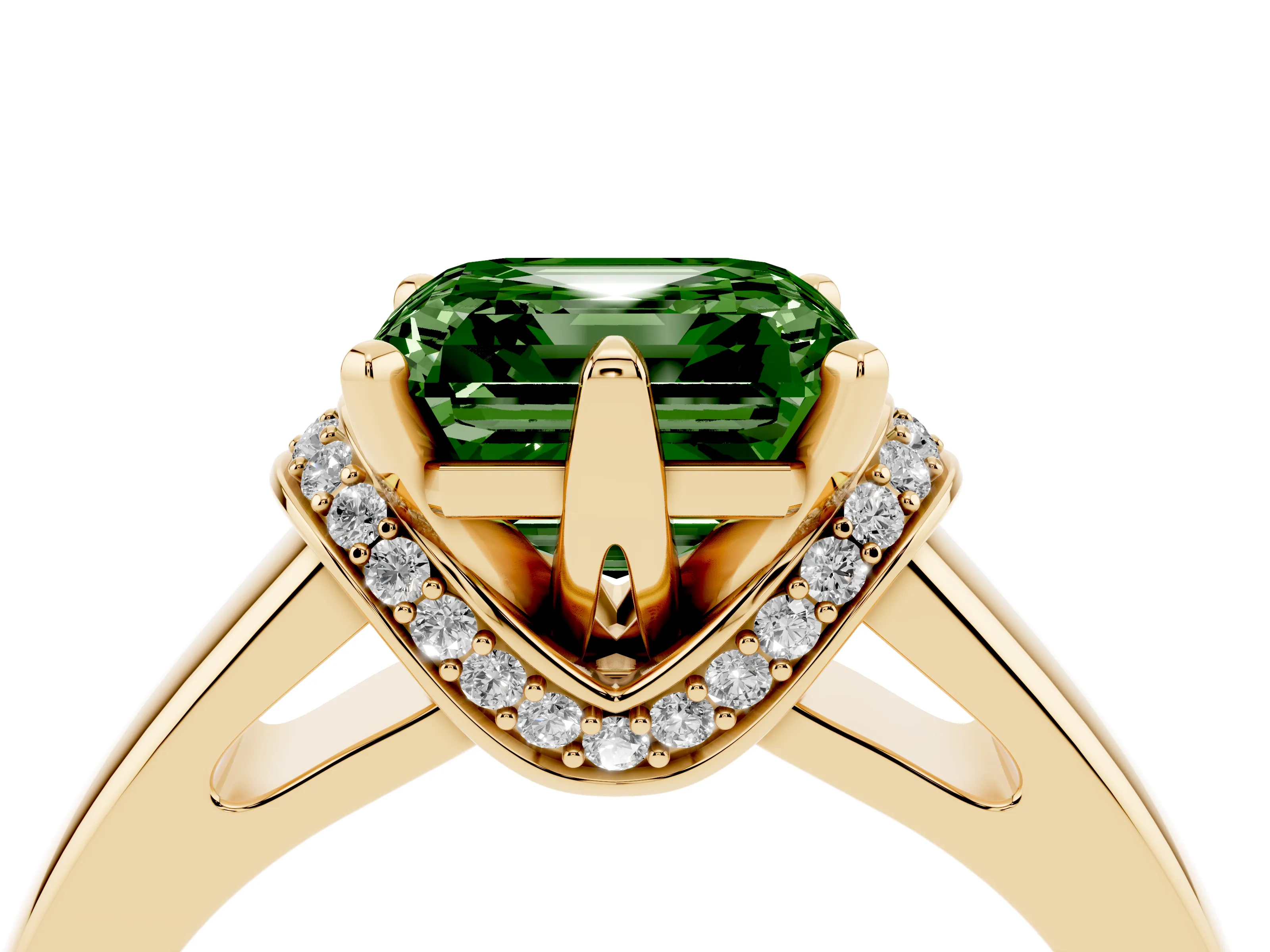 Fancy Green Asscher Cut Diamond Pavé Band Solitaire Ring Set in Yellow gold with Prong Setting