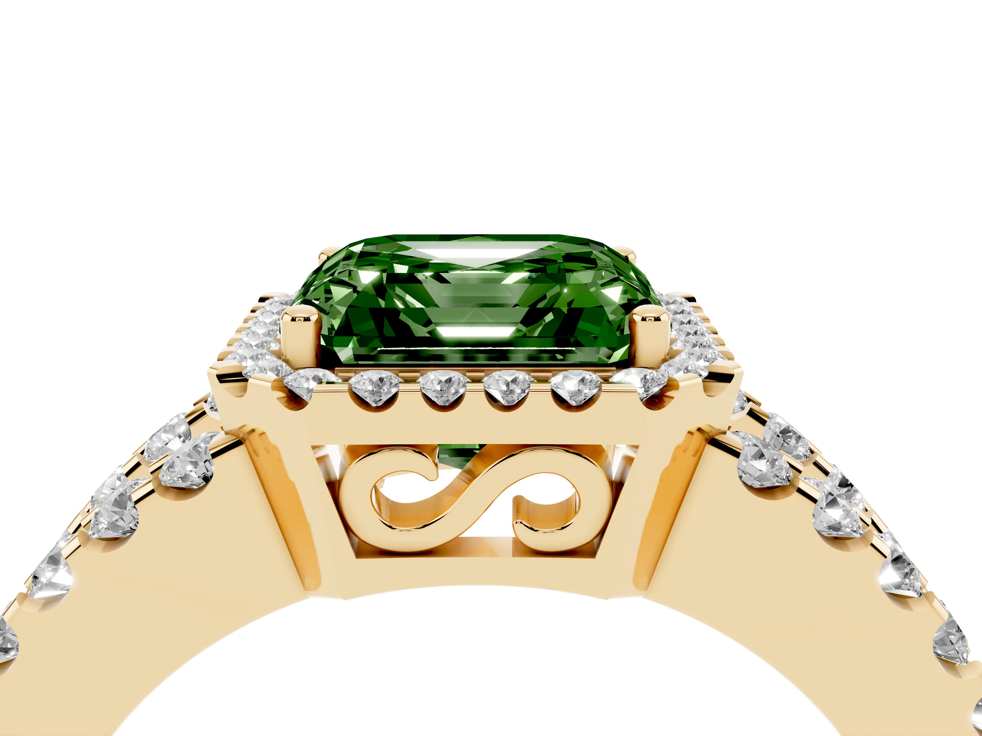 Fancy Green Asscher Cut Diamond Halo Ring Set in Yellow gold with Pavé Split Shank and Prong Setting