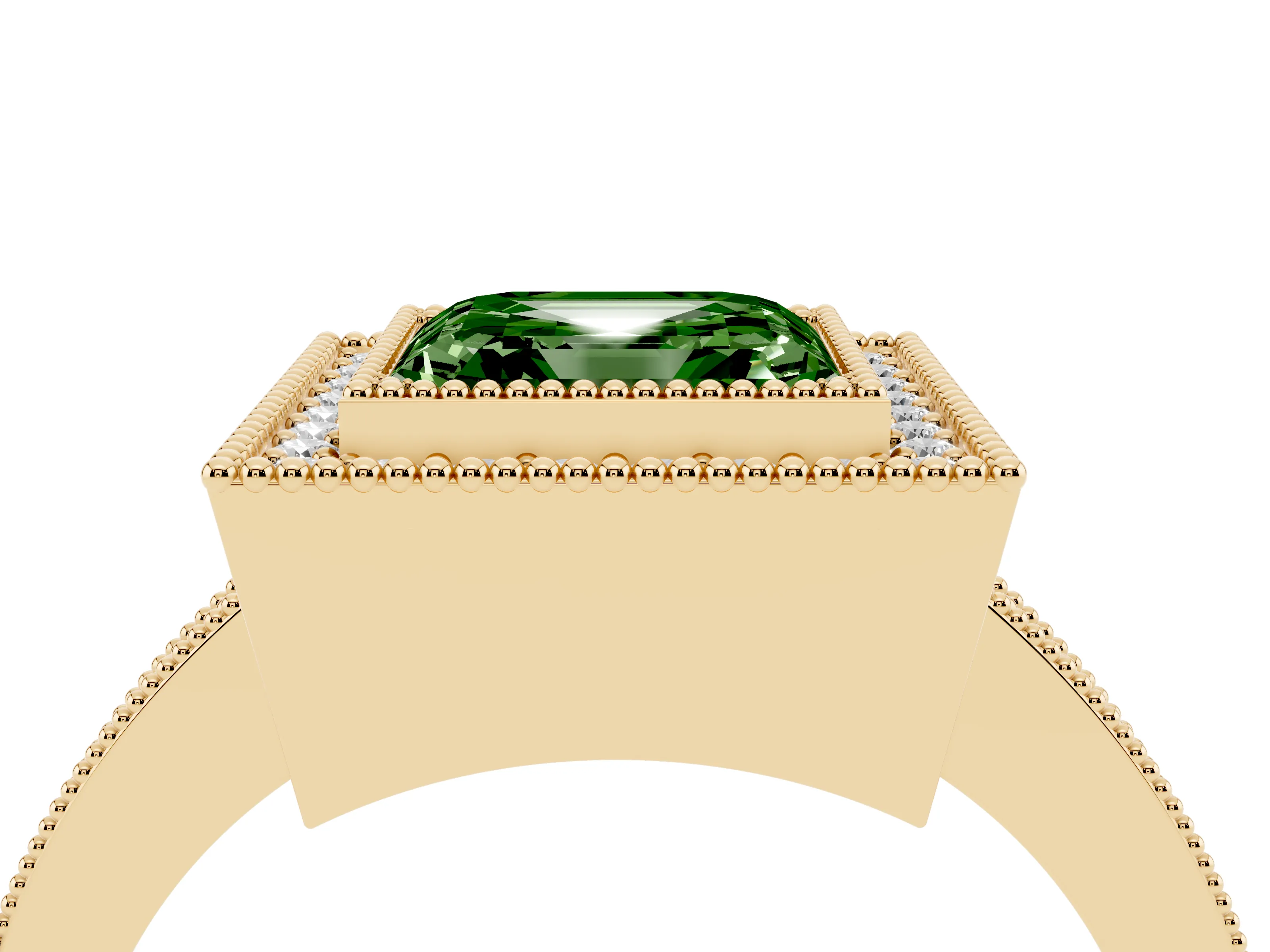 Fancy Green Asscher Cut Diamond Halo Engagement Ring Set in Yellow gold with Pavé Band and Round Halo Stones