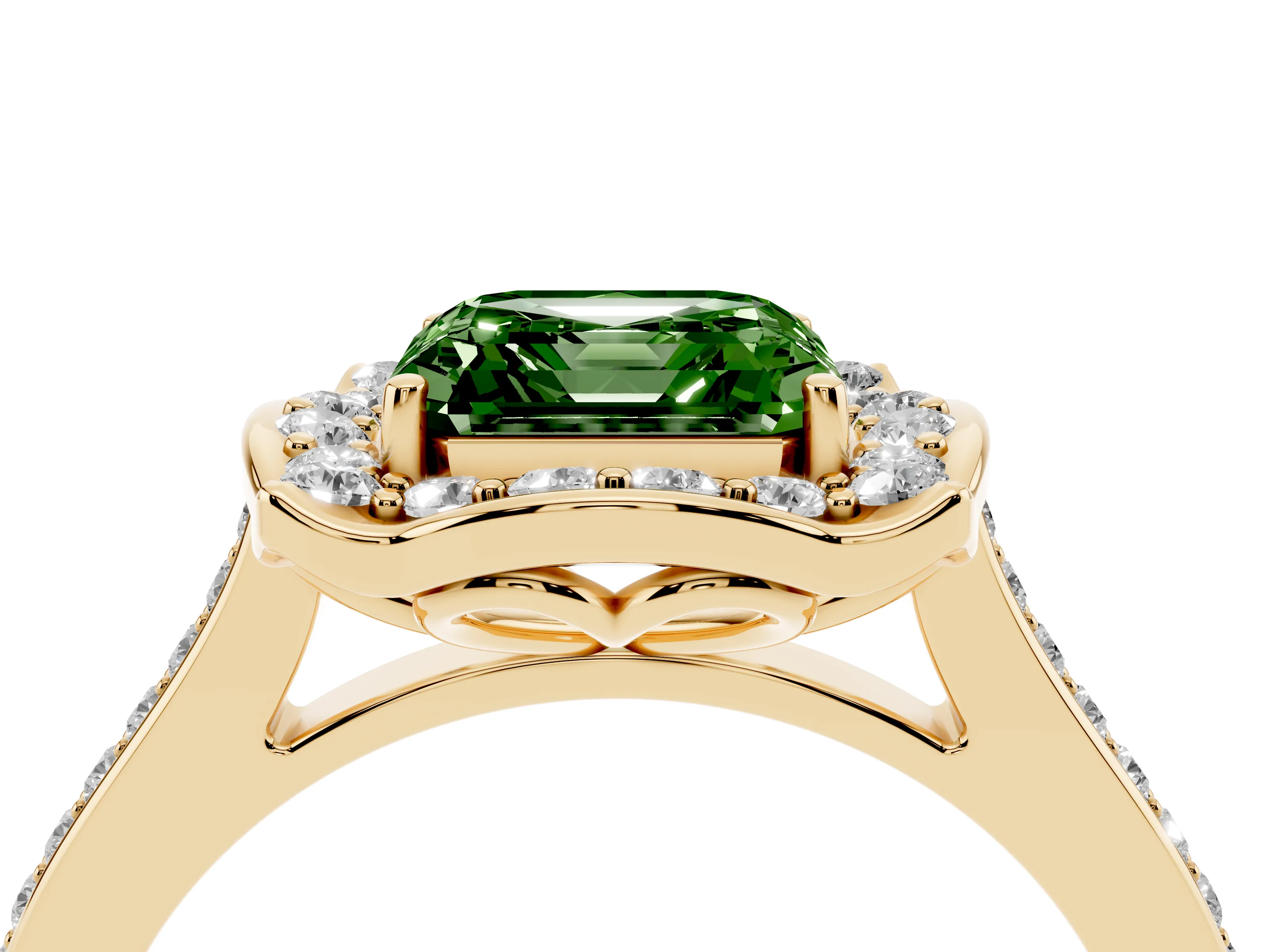 Fancy Green Asscher Cut Diamond Halo Ring Set in Yellow gold with Pavé-Lined Shoulders and Prong Setting