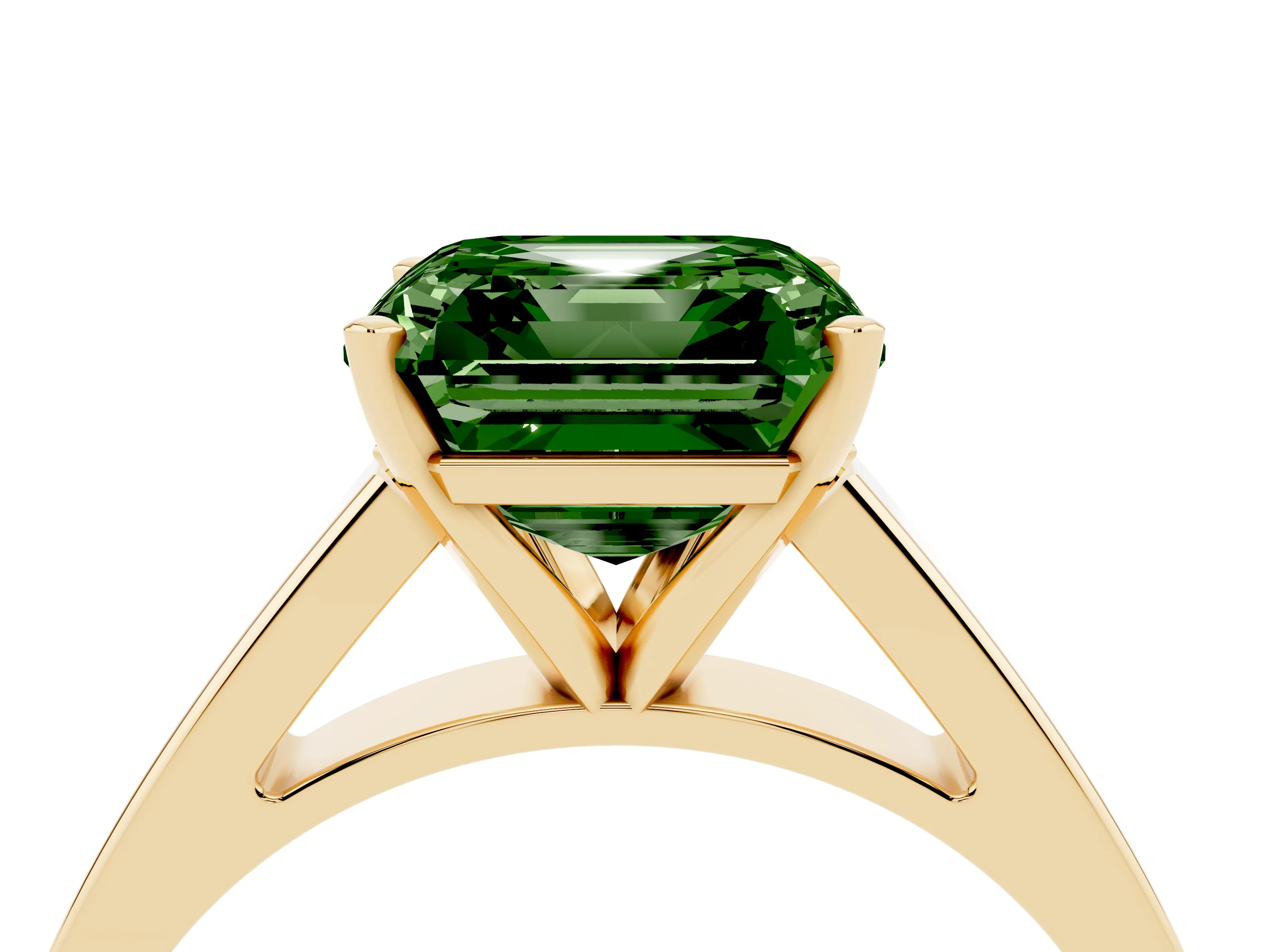 Fancy Green Asscher Cut Diamond Solitaire Engagement Ring Set in Yellow gold with Prong Setting and Tapered Band