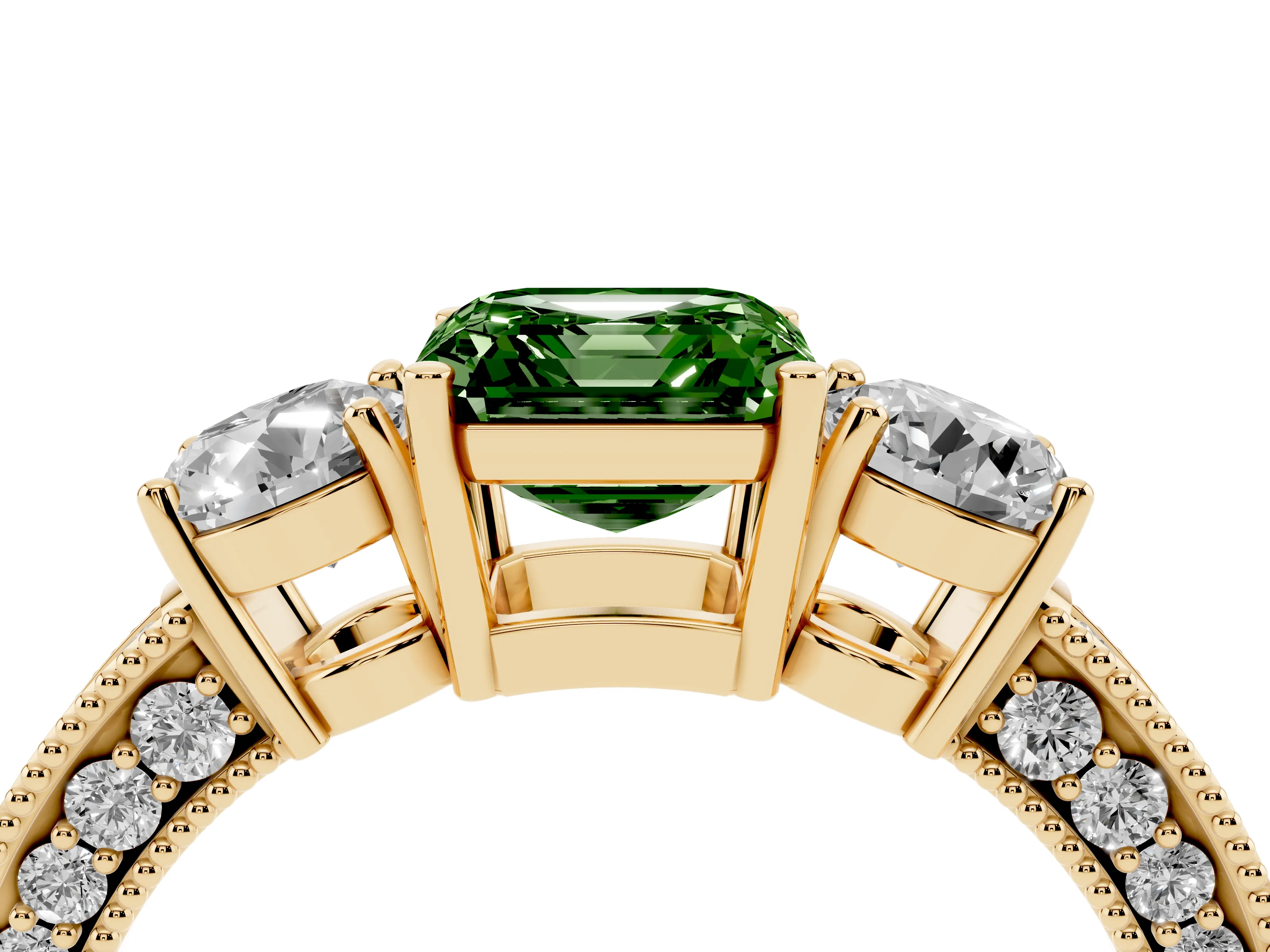 Fancy Green Asscher Cut Diamond Three-Stone Ring Set in Yellow gold with Round Side Stones and Pavé Band