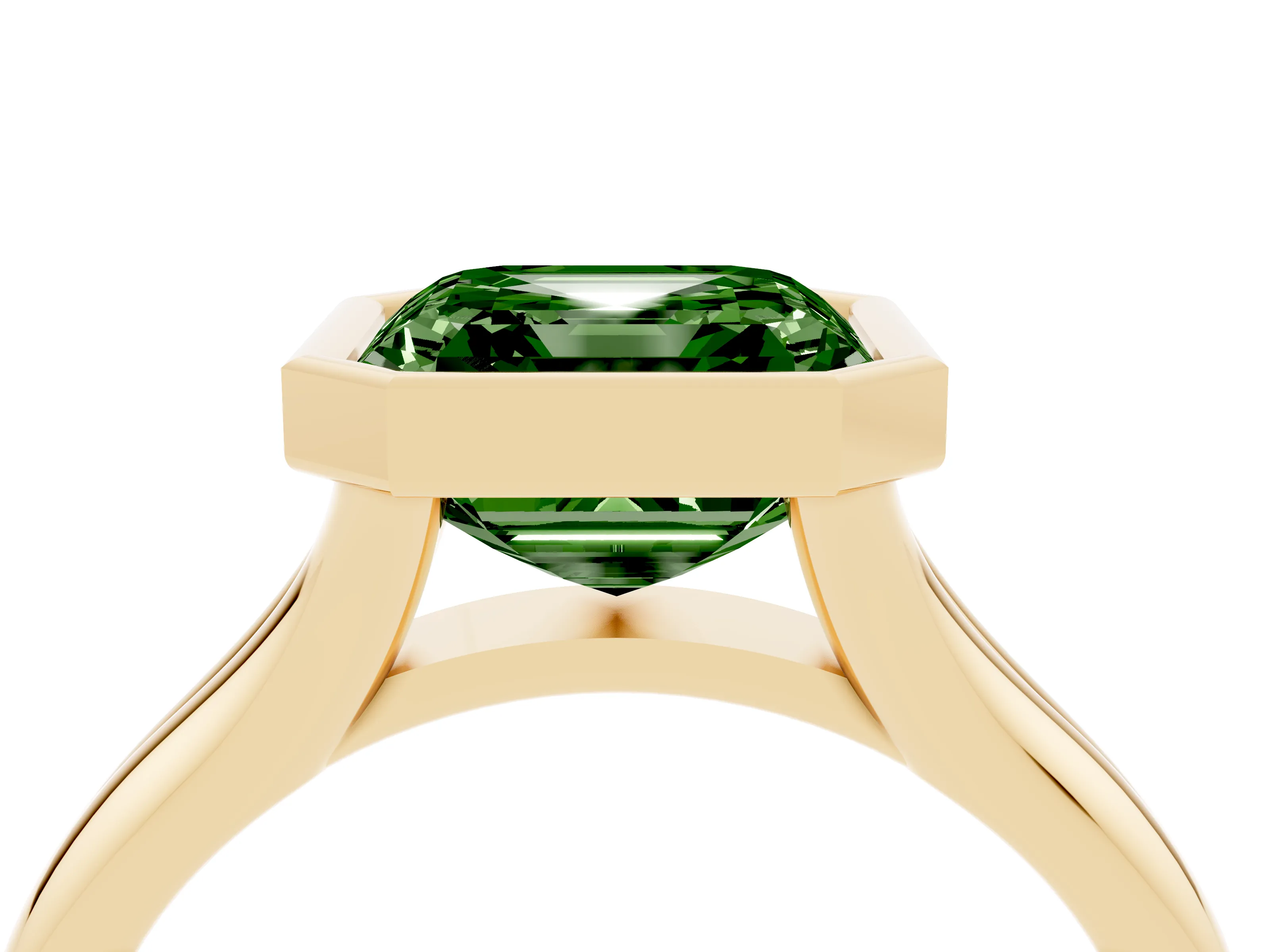 Fancy Green Bezel Set Asscher Cut Diamond Solitaire Ring Set in Yellow gold with Smooth Band