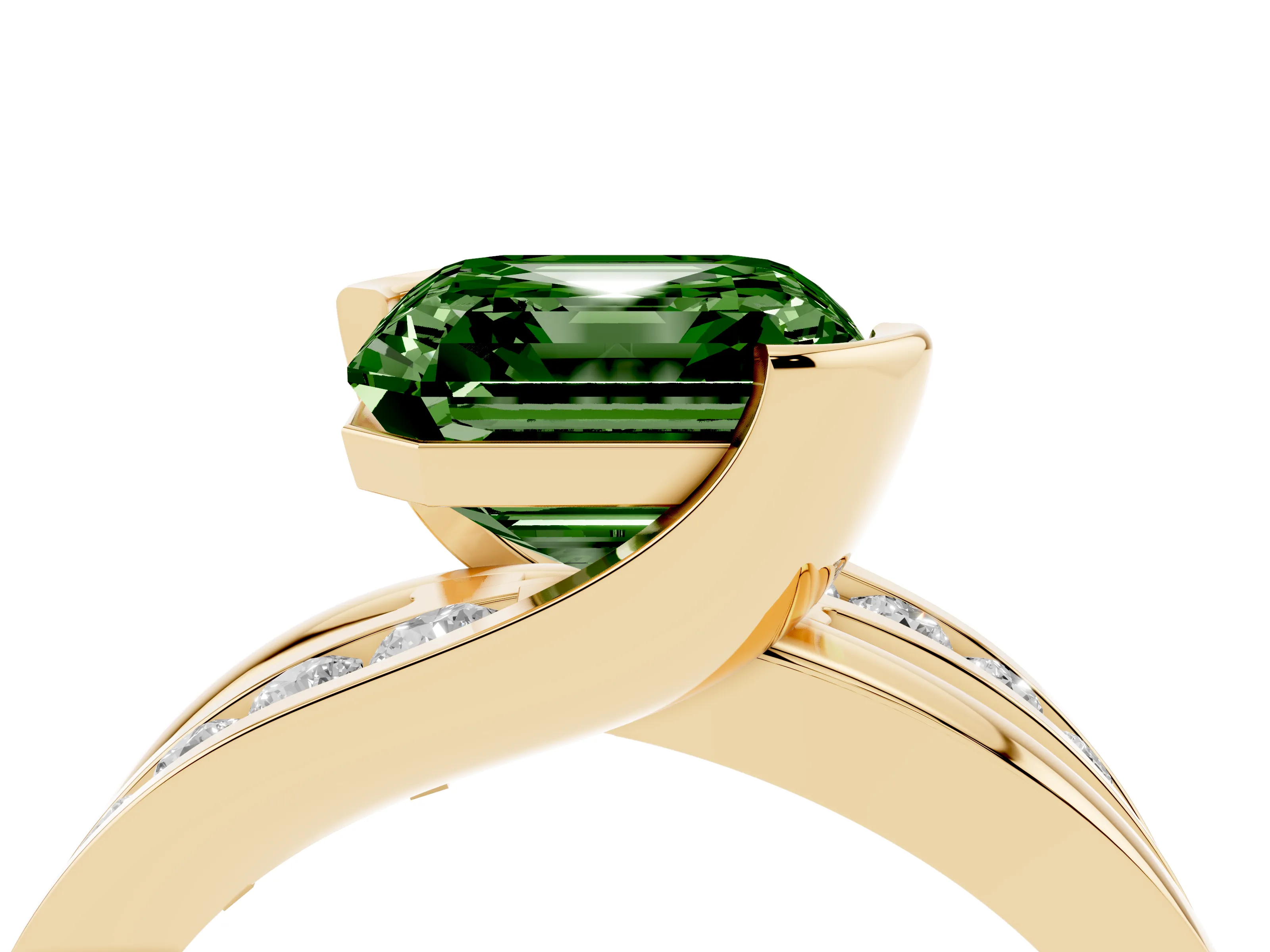 Fancy Green Asscher Cut Diamond Solitaire Ring Set in Yellow gold with Channel Set Split Shank and Tension Prongs