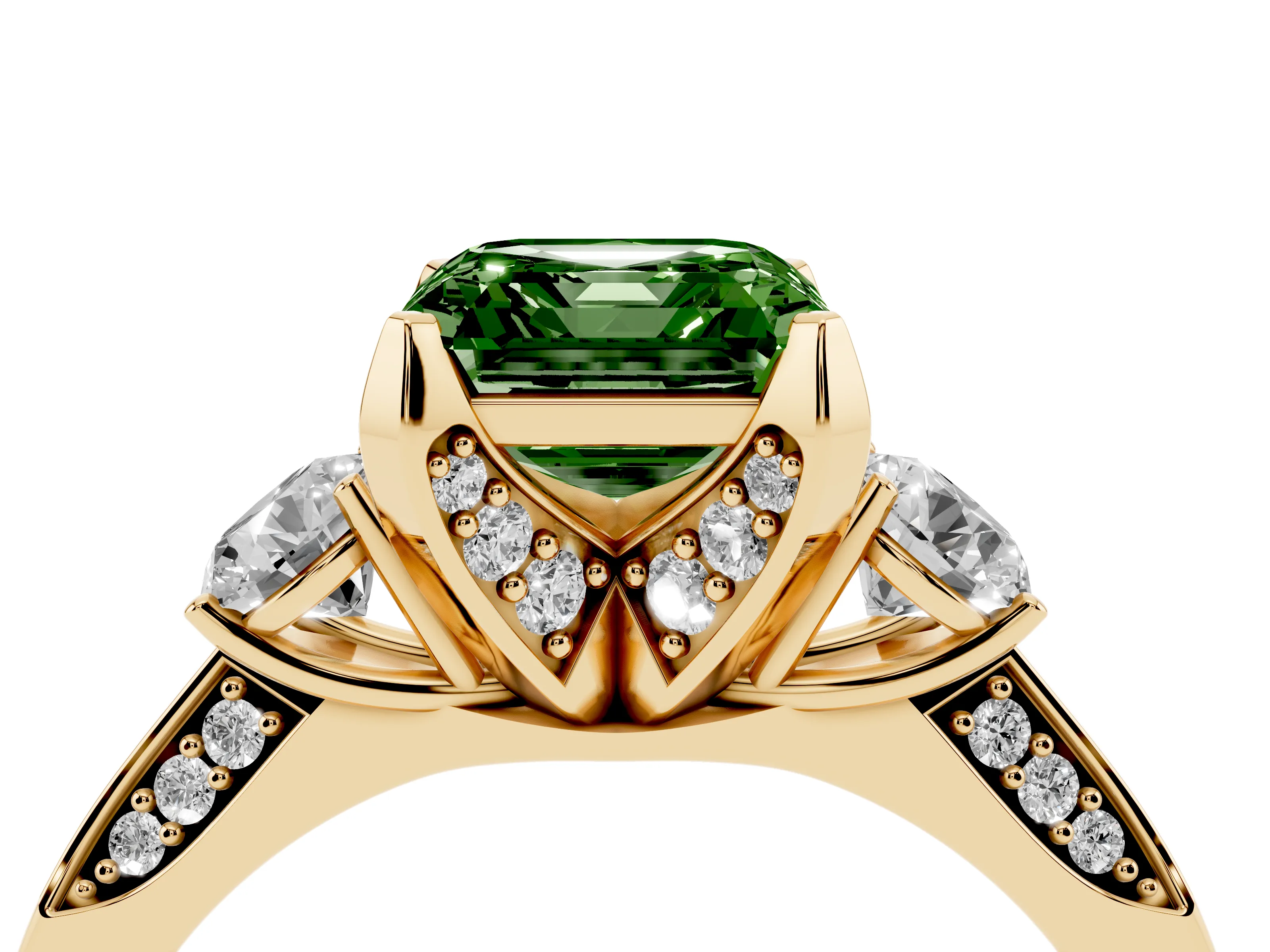 Fancy Green Asscher Cut Diamond Three-Stone Ring Set in Yellow gold with Pavé Band and Smaller Side Stones