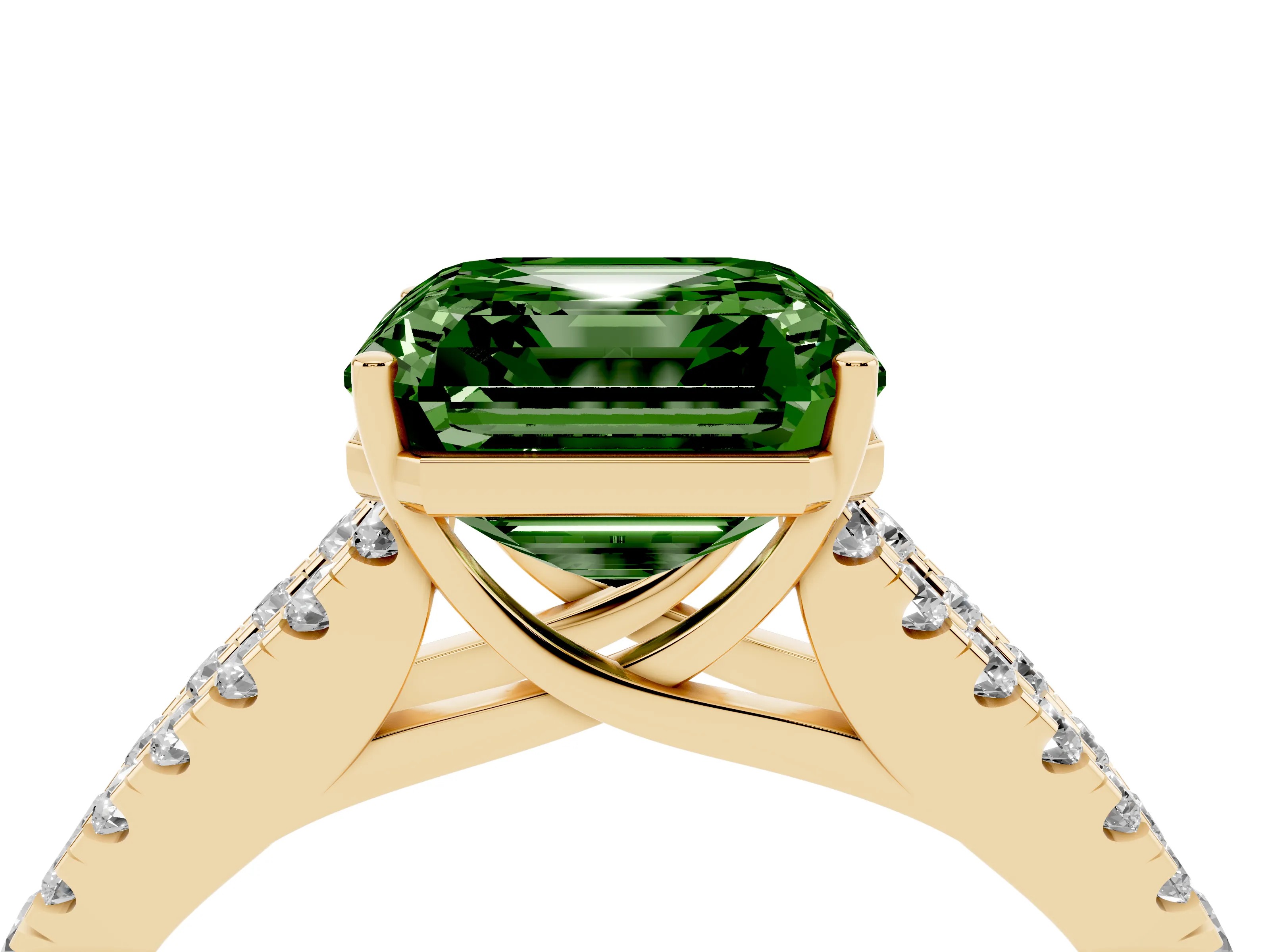 Fancy Green Asscher Cut Diamond Split Shank Pavé Engagement Ring Set in Yellow gold with Prong-Held Center Stone
