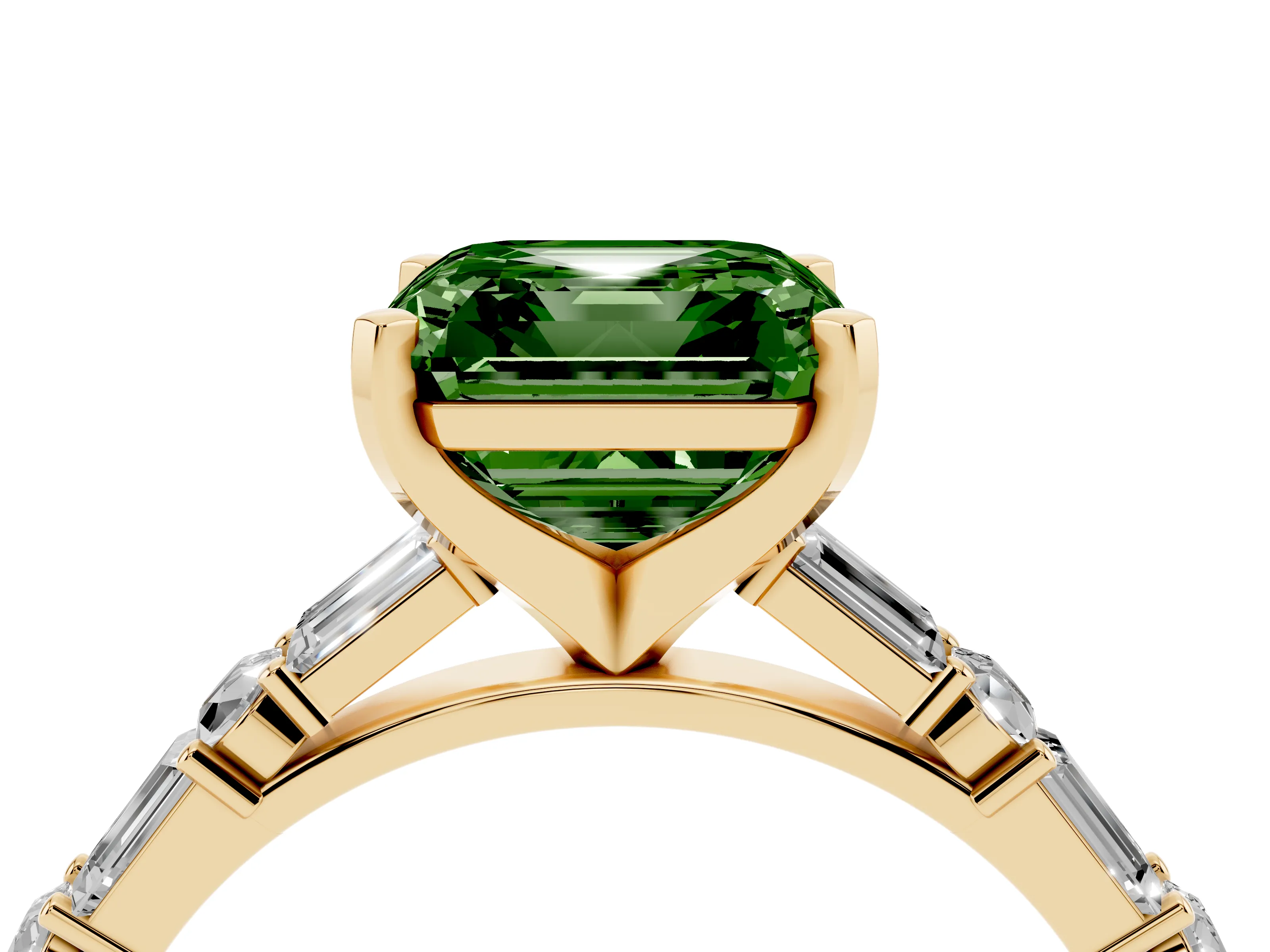 Fancy Green Asscher Cut Diamond Solitaire Set in Yellow gold with Side Baguettes and Channel Set Band