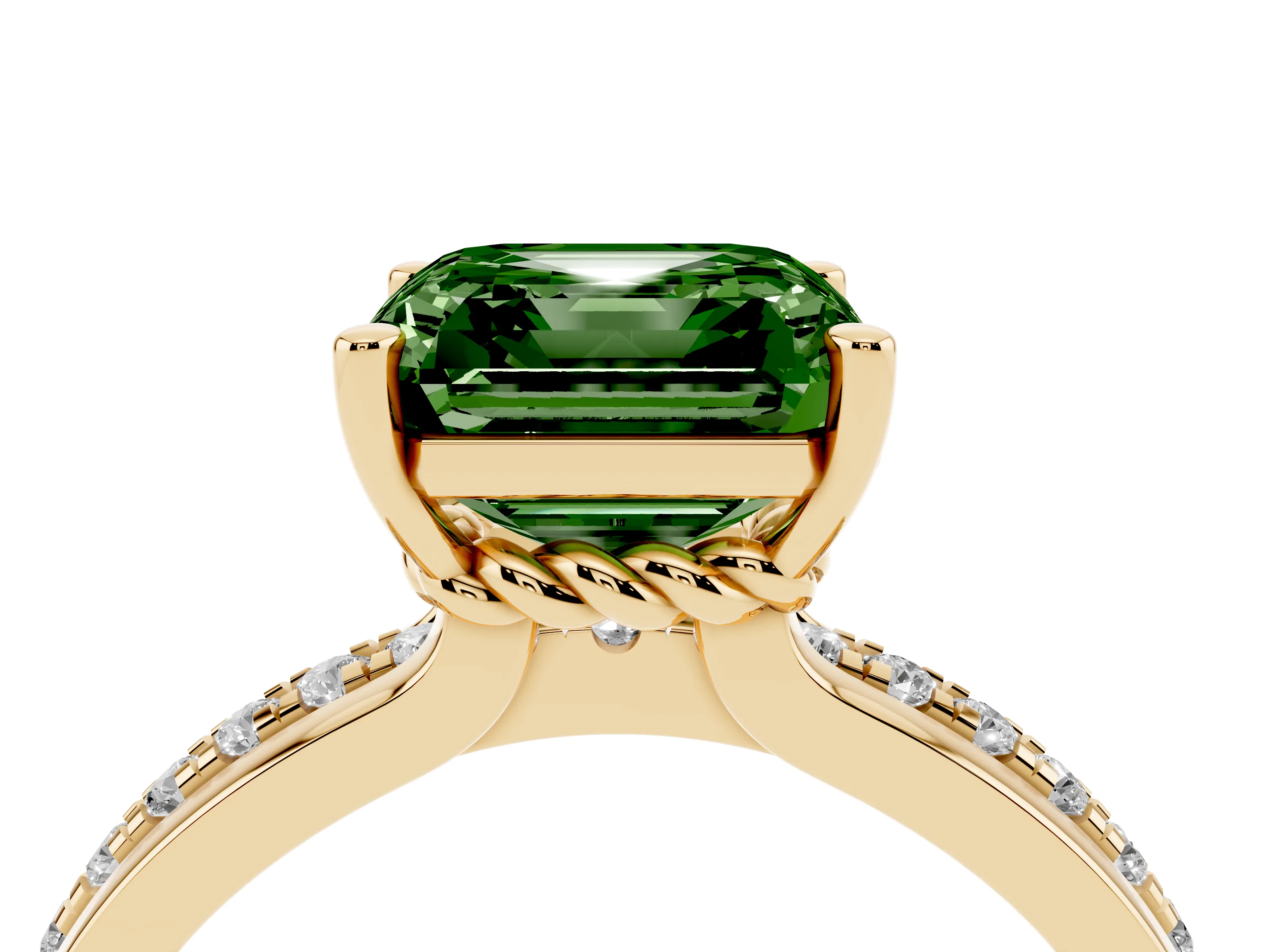 Fancy Green Asscher Cut Diamond Solitaire Ring Set in Yellow gold with Channel Set Band and Prong Setting