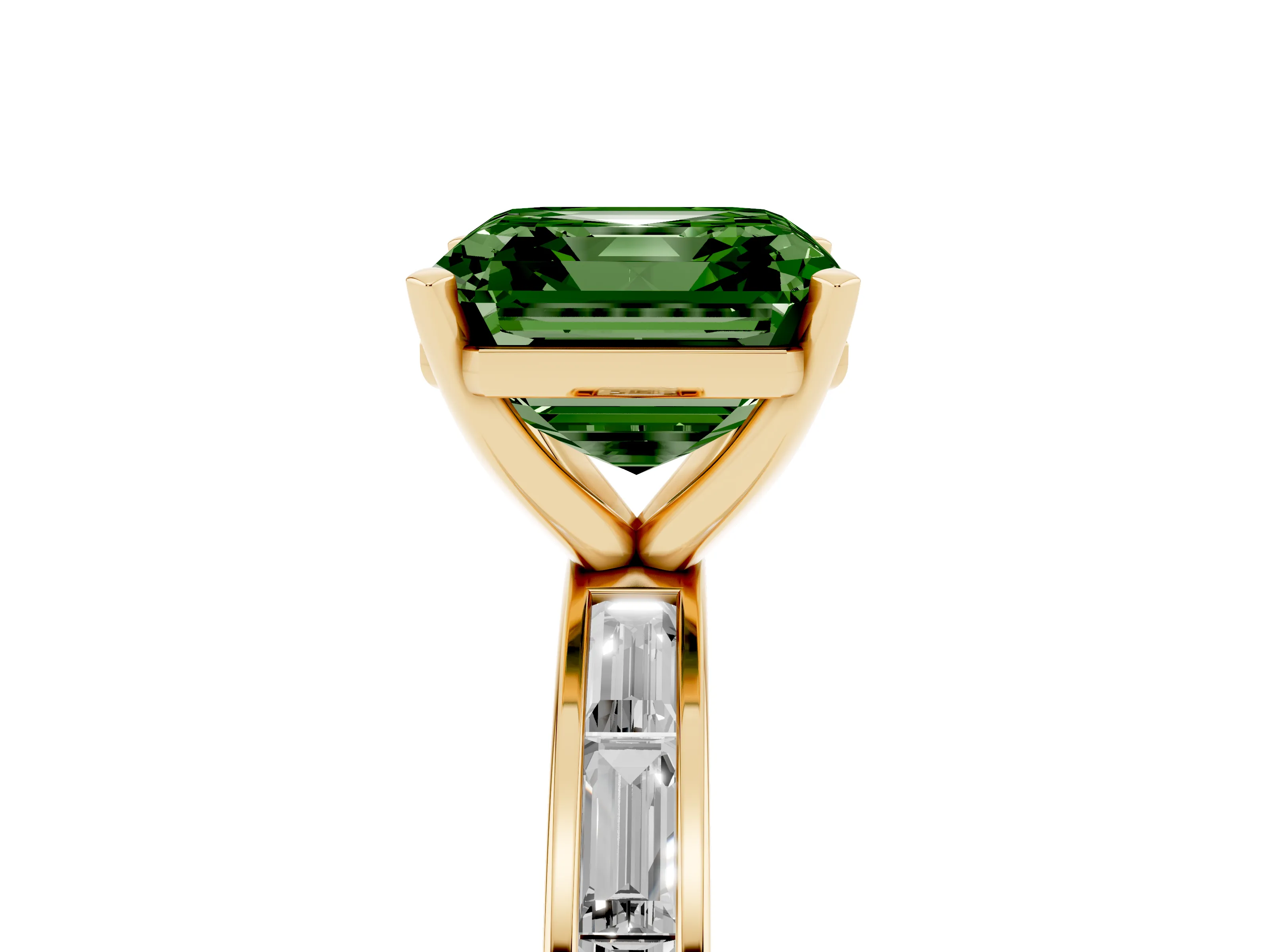 Fancy Green Asscher Cut Diamond Solitaire Ring Set in Yellow gold with Channel-Set Baguette Band and Prong Setting