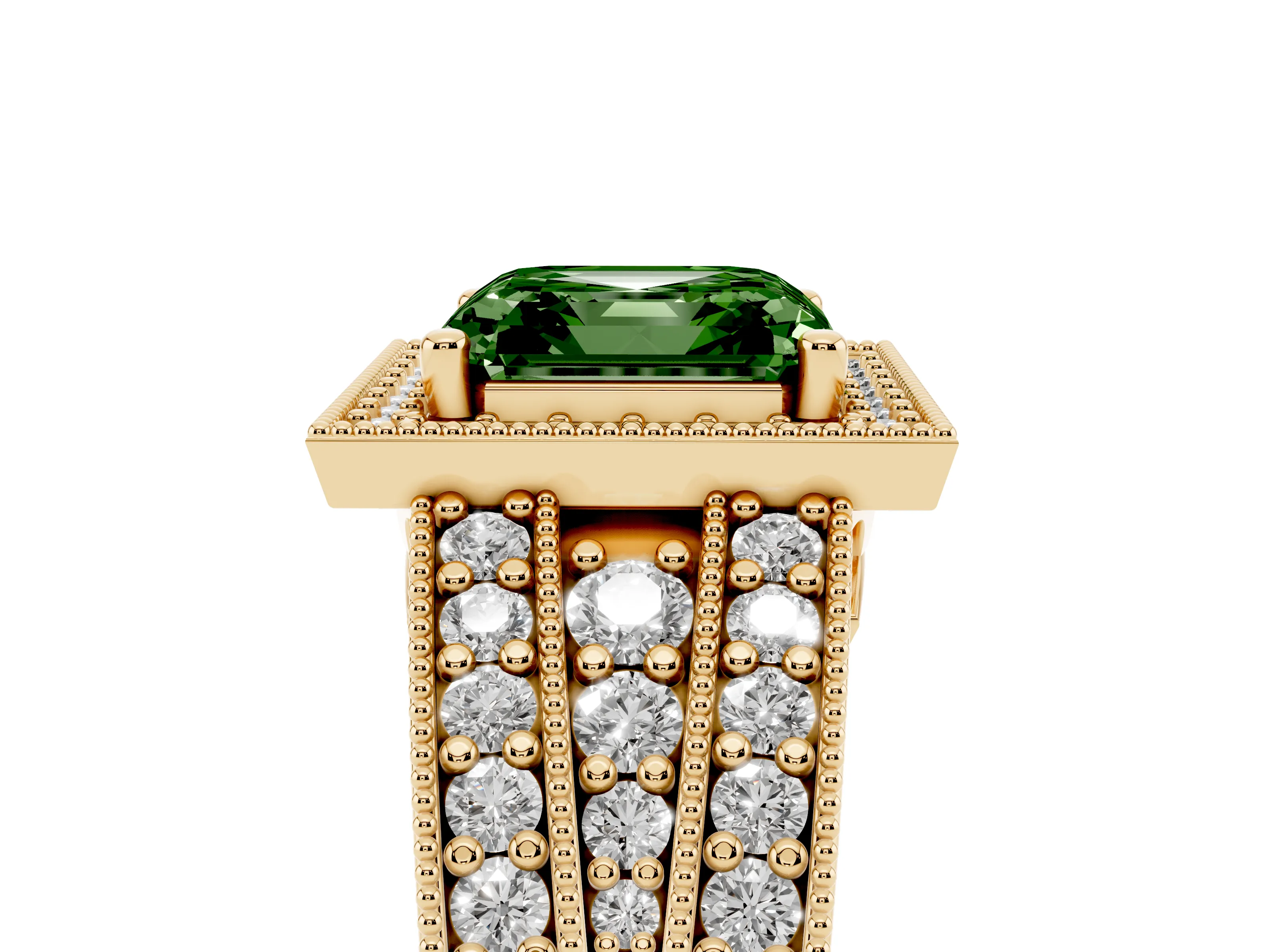 Fancy Green Asscher Cut Diamond Halo Ring Set in Yellow gold with Accent Split Shank and Prong Setting