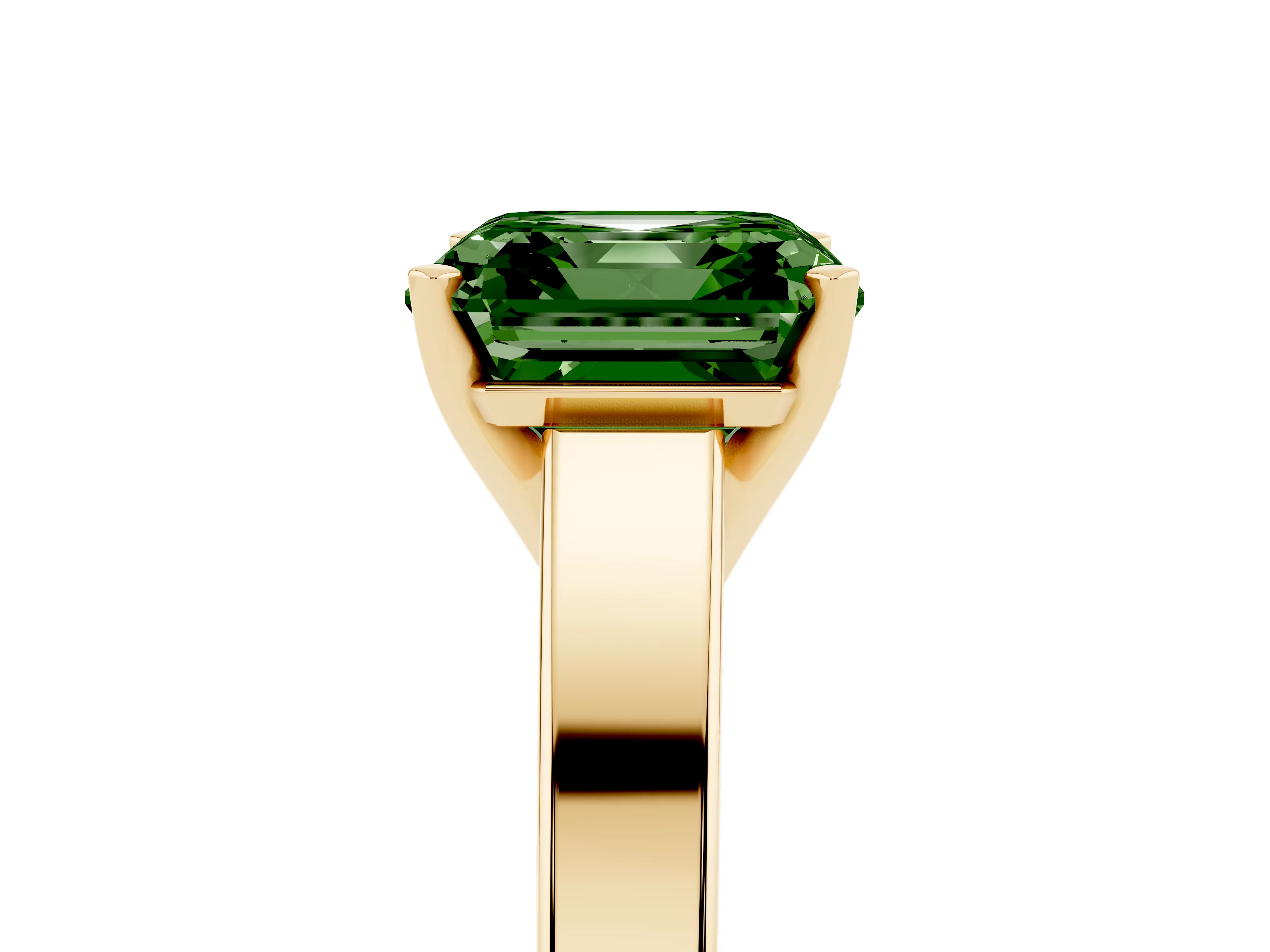 Fancy Green Asscher Cut Diamond Solitaire Engagement Ring Set in Yellow gold with Prong Setting and Tapered Band