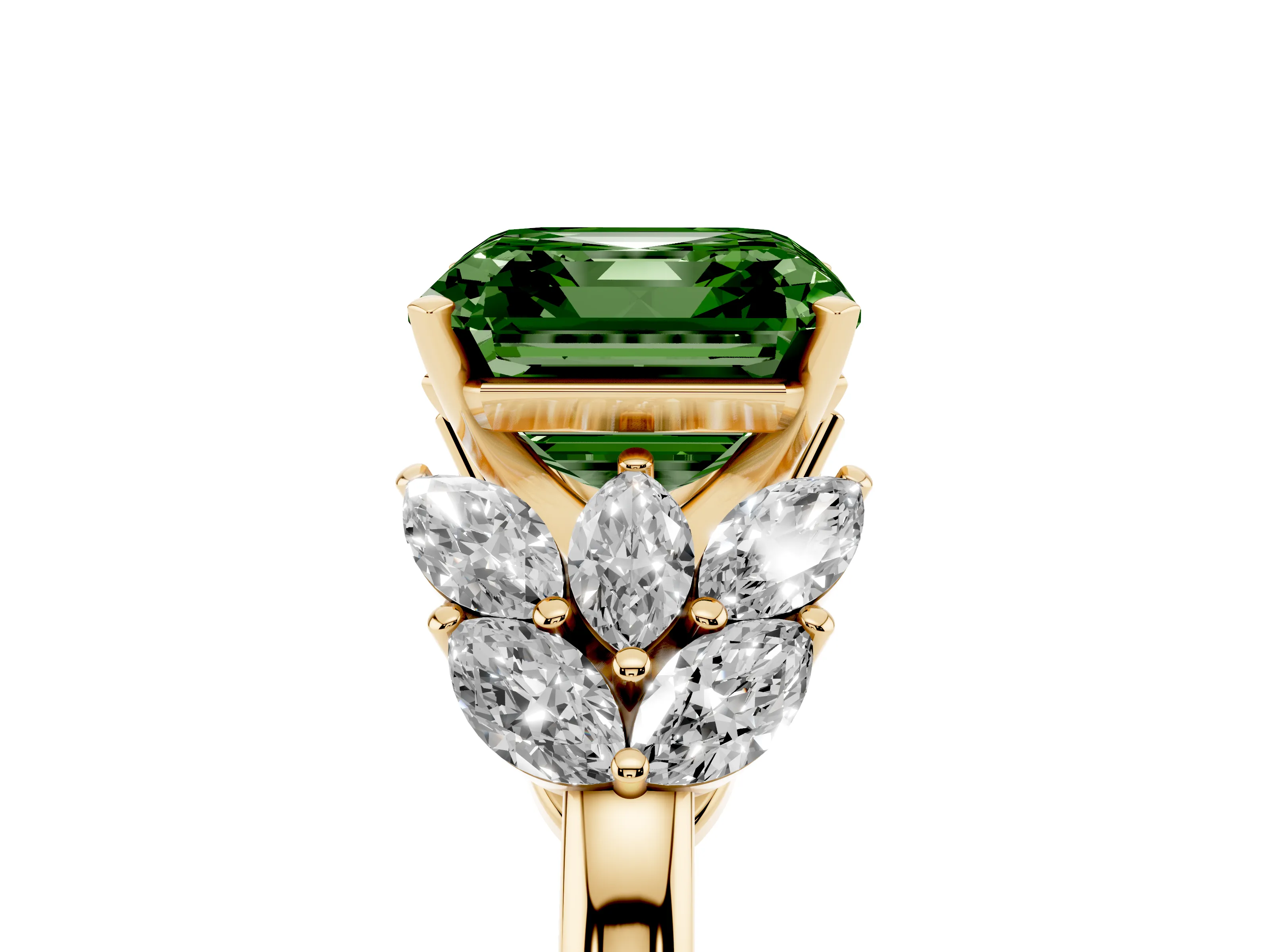 Fancy Green Asscher Cut Diamond Cluster Leaf Design Ring Set in Yellow gold with Prong Setting