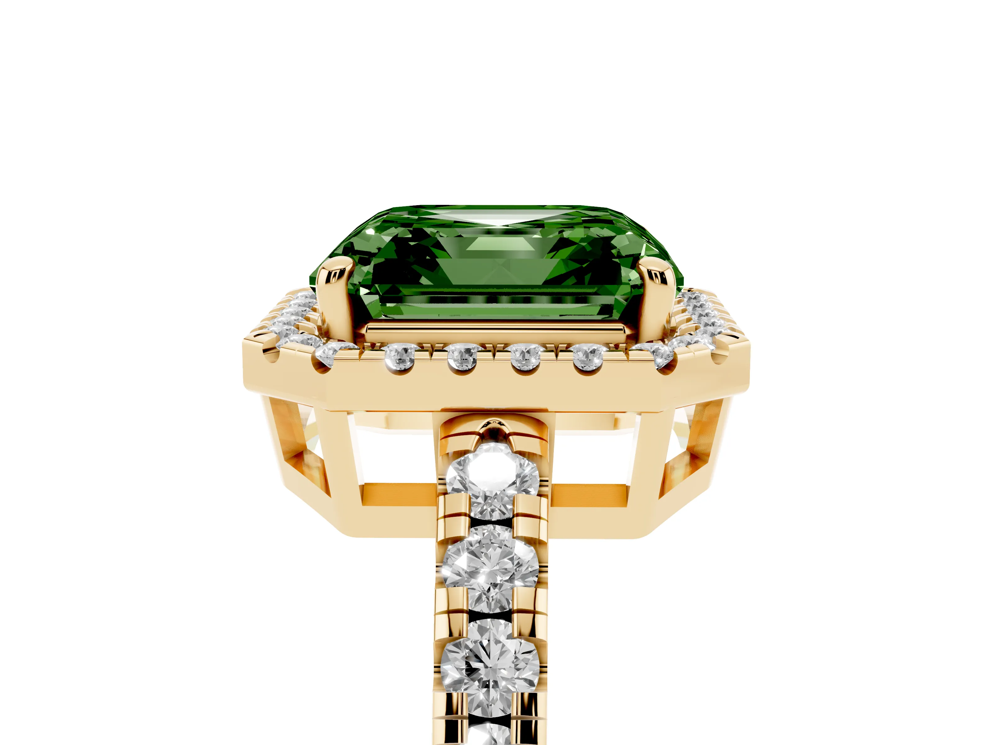 Fancy Green Asscher Cut Diamond Halo Ring Set in Yellow gold with Delicate Pavé Band and Prong Setting