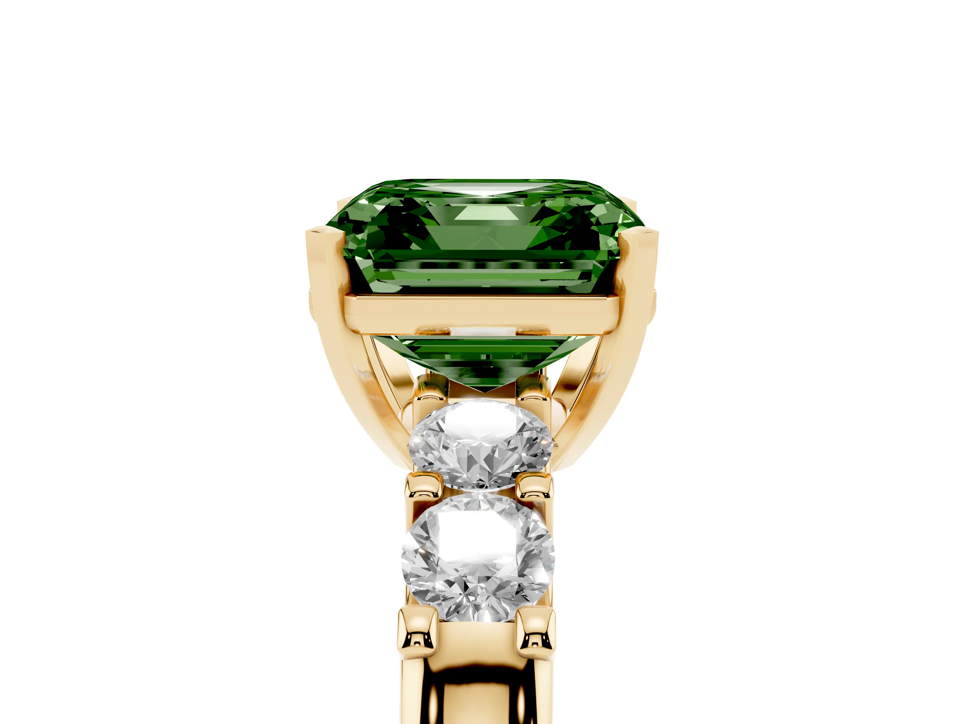 Fancy Green Asscher Cut Diamond Five-Stone Prong Set Engagement Ring Set in Yellow gold with Channel Band