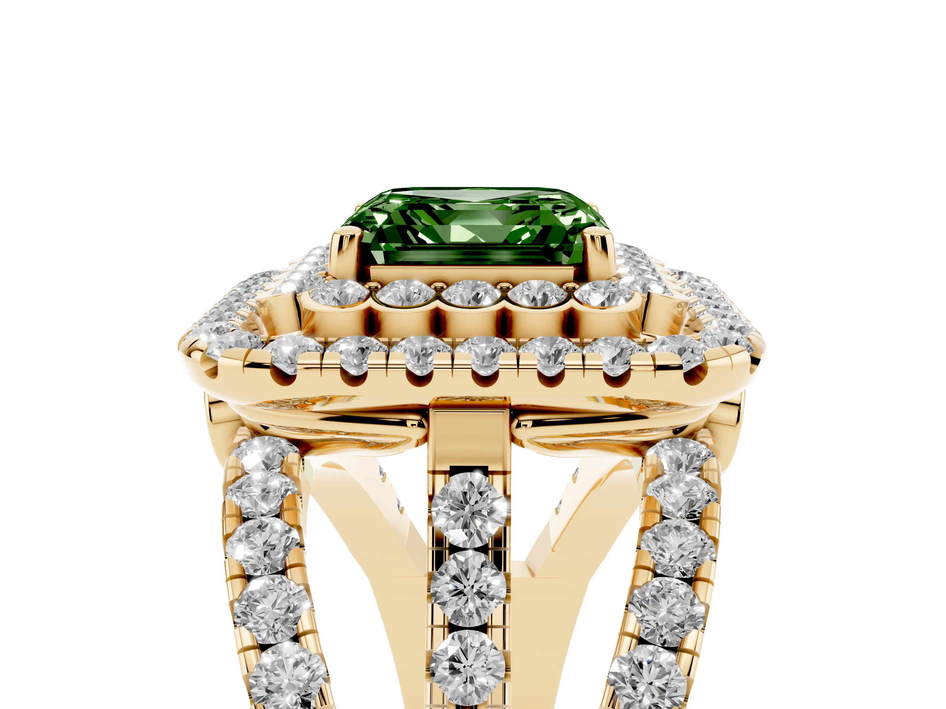 Fancy Green Asscher Cut Diamond Double Halo Ring Set in Yellow gold with Round Pavé Split Shank