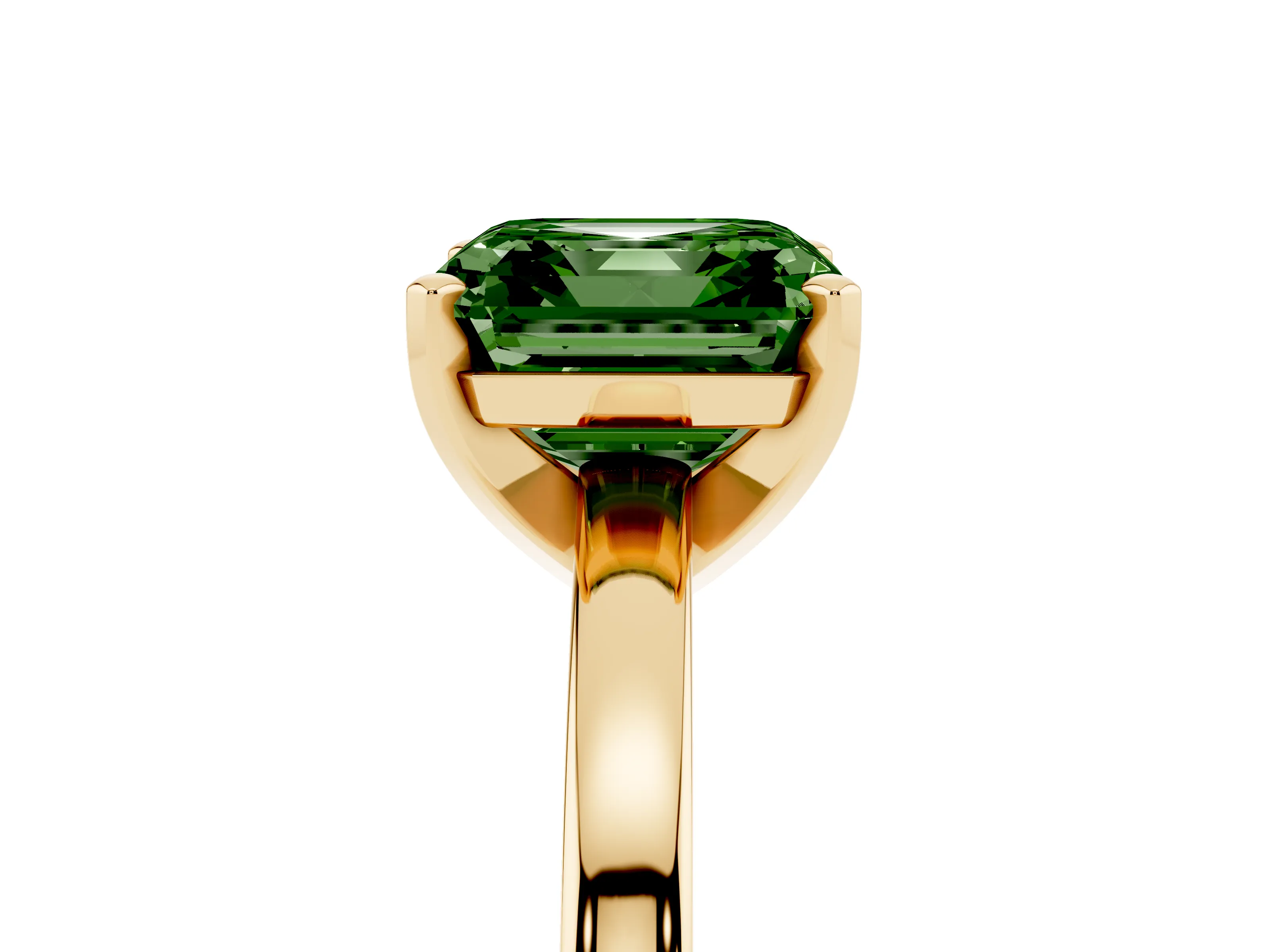 Fancy Green Asscher Cut Diamond Solitaire Engagement Ring Set in Yellow gold with Prong Setting on a Classic Band