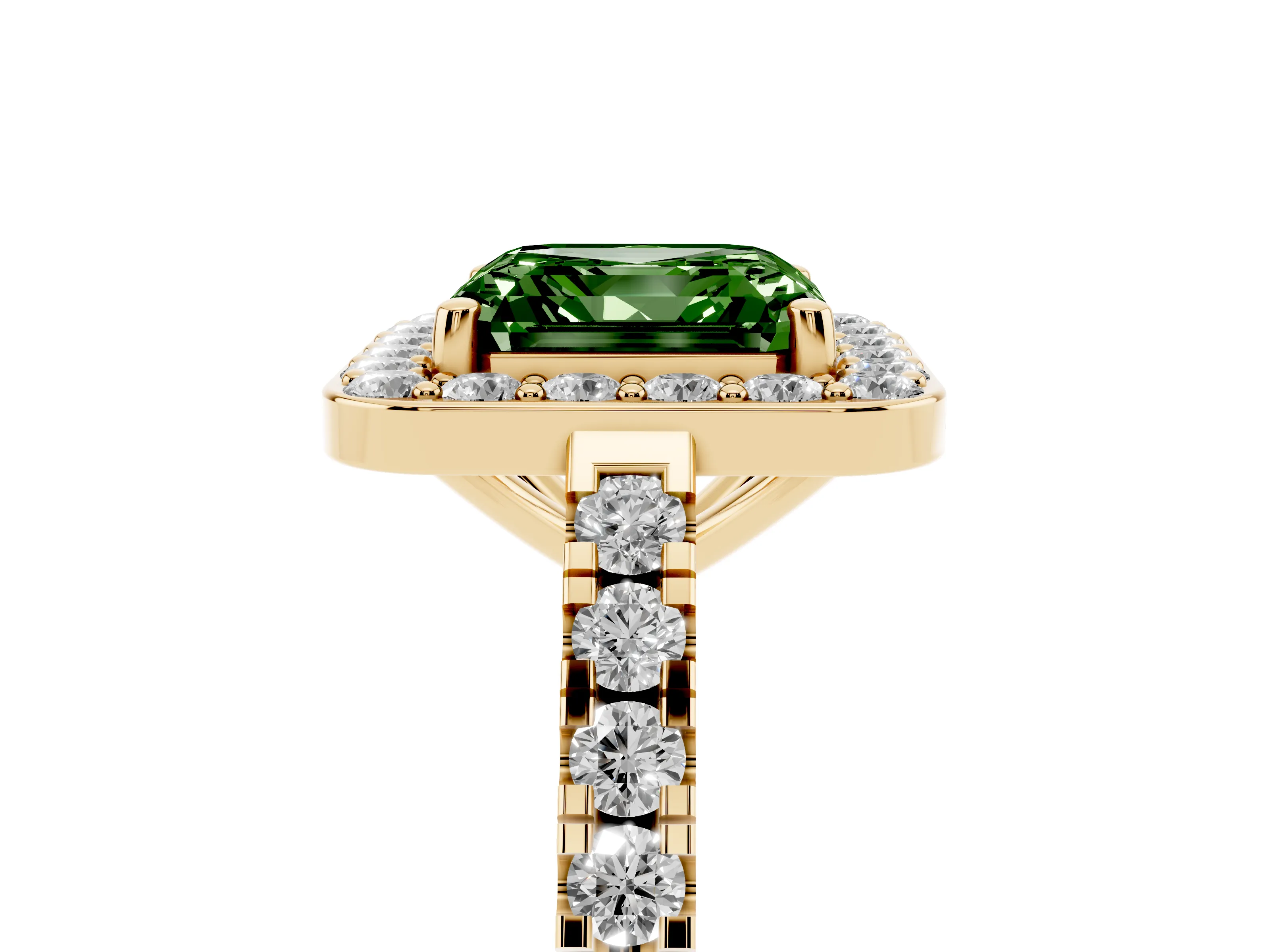 Fancy Green Asscher Cut Diamond Halo Ring Set in Yellow gold with Round Pavé Split Shank and Prong Setting
