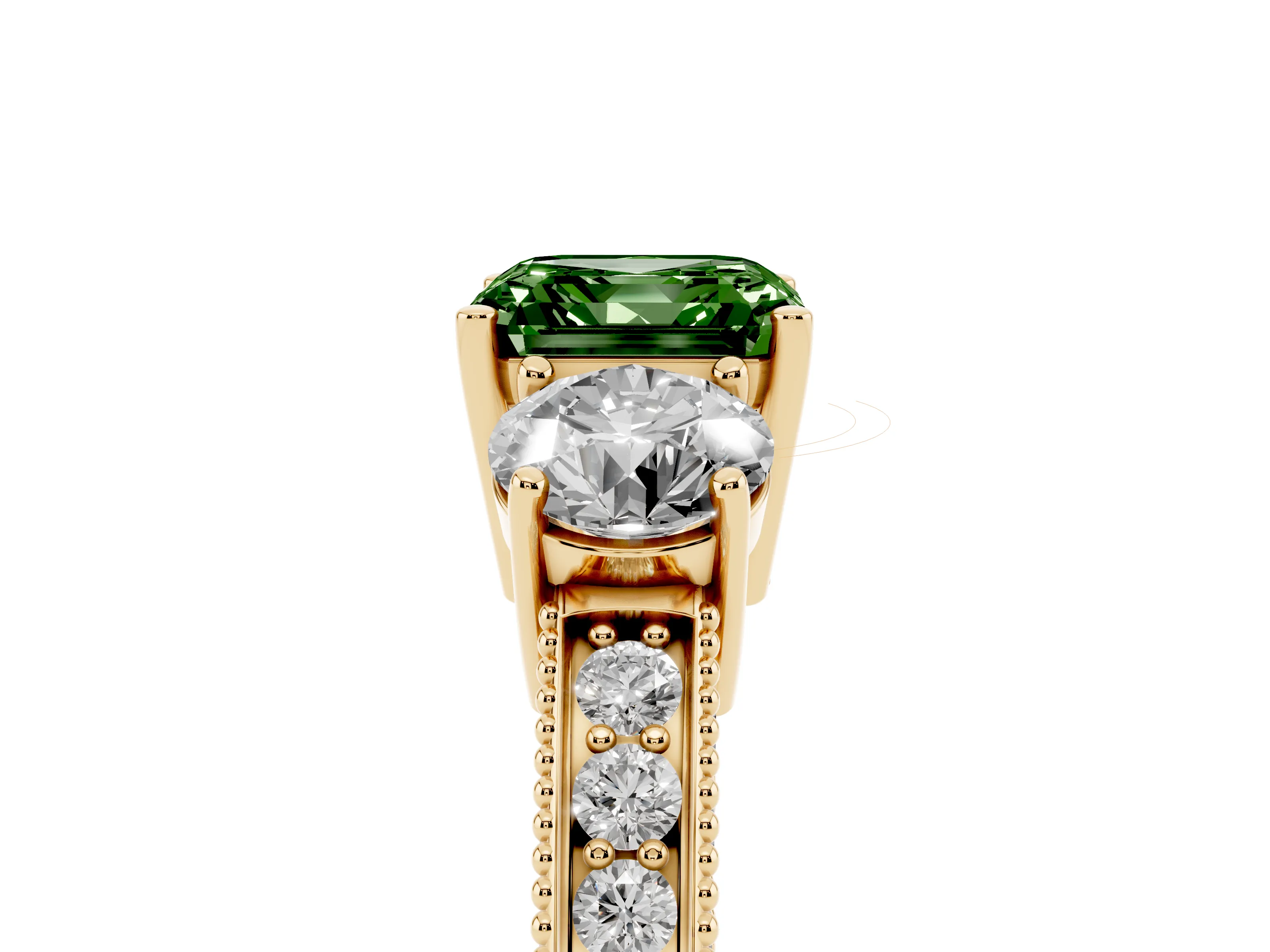 Fancy Green Asscher Cut Diamond Three-Stone Ring Set in Yellow gold with Round Side Stones and Pavé Band