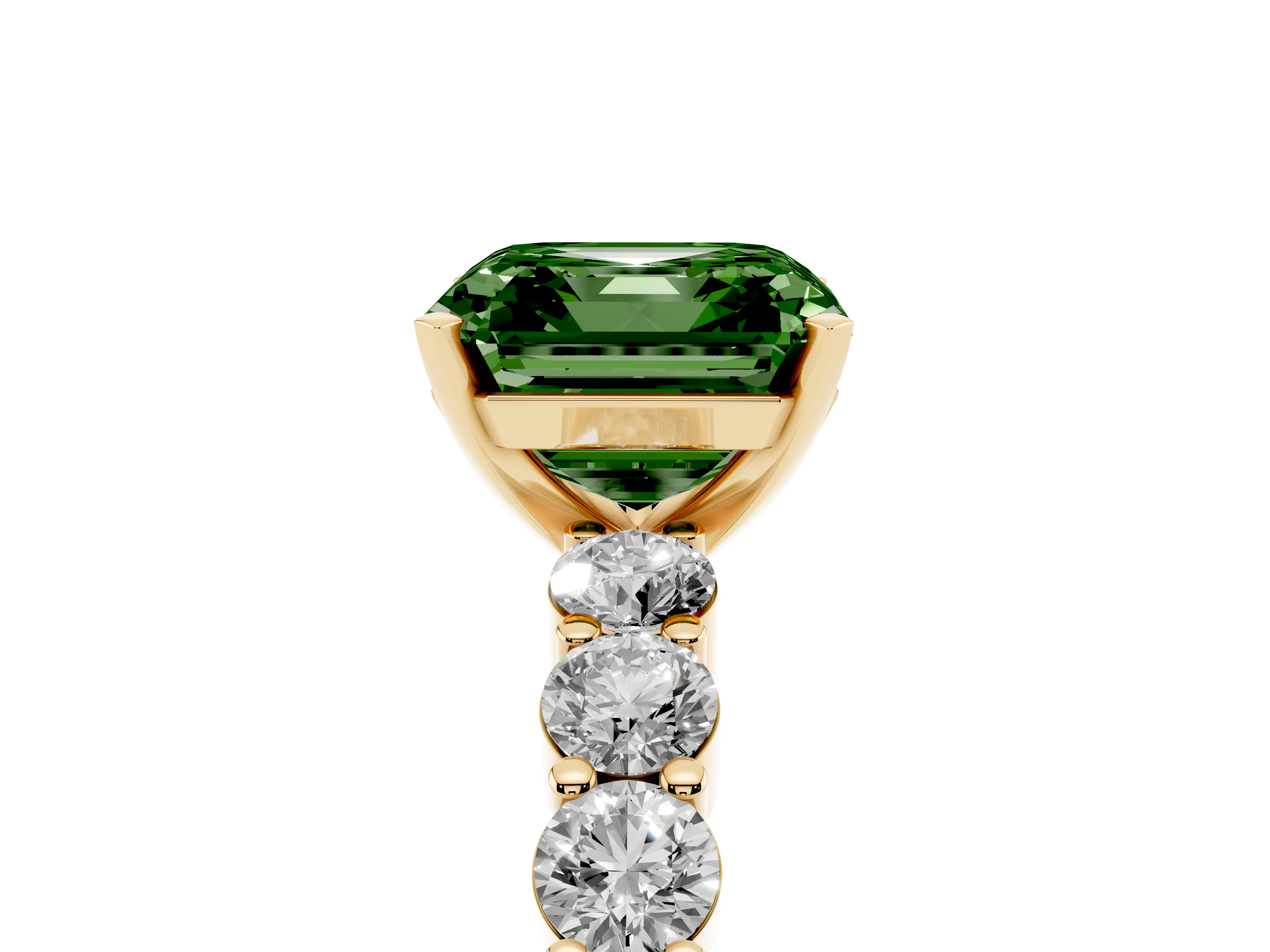 Fancy Green Asscher Cut Diamond Solitaire Ring Set in Yellow gold with Shared Prong Round Side Stones