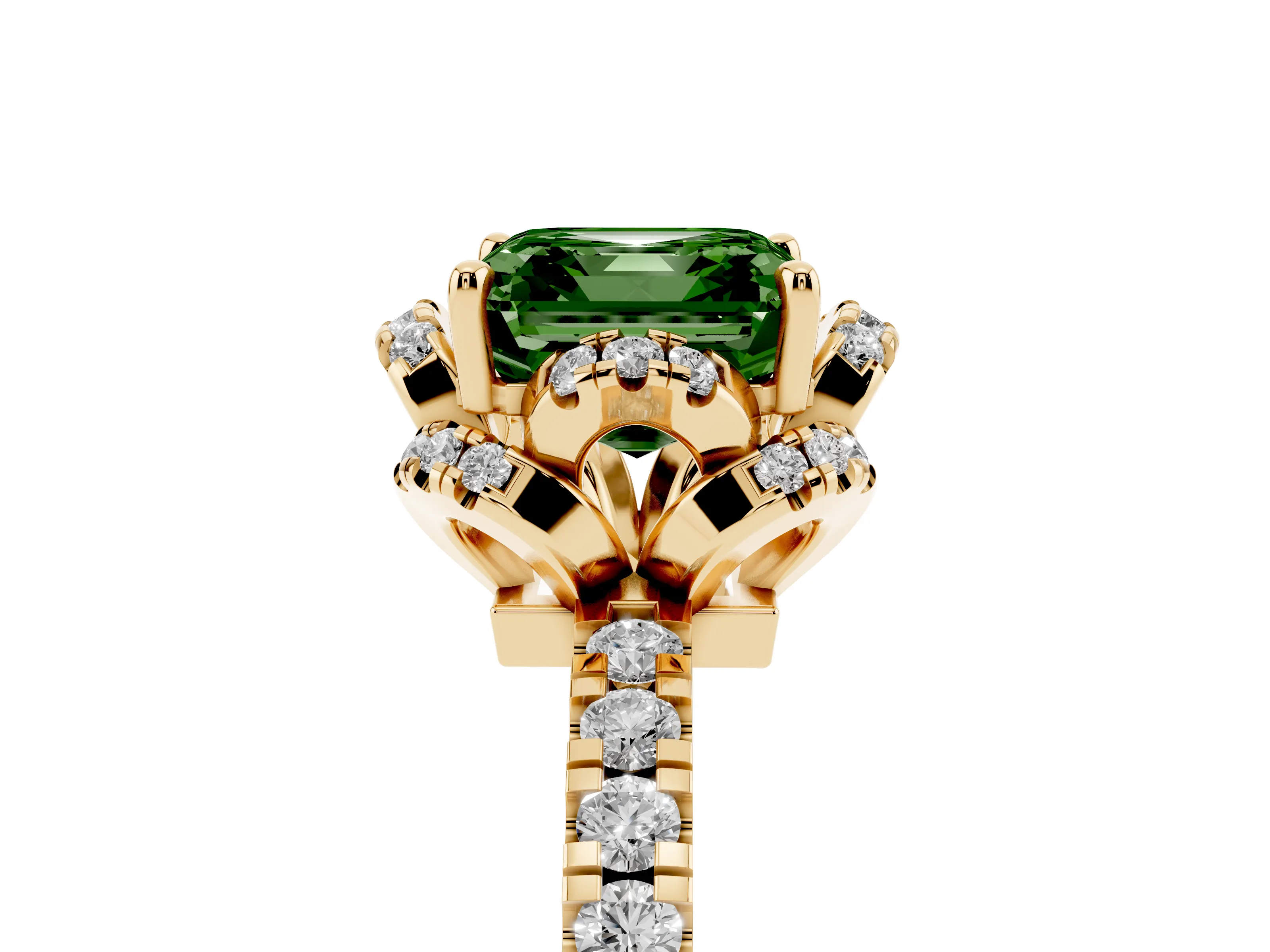 Fancy Green Asscher Cut Diamond Halo Pavé Ring Set in Yellow gold with Prong-Held Center Stone