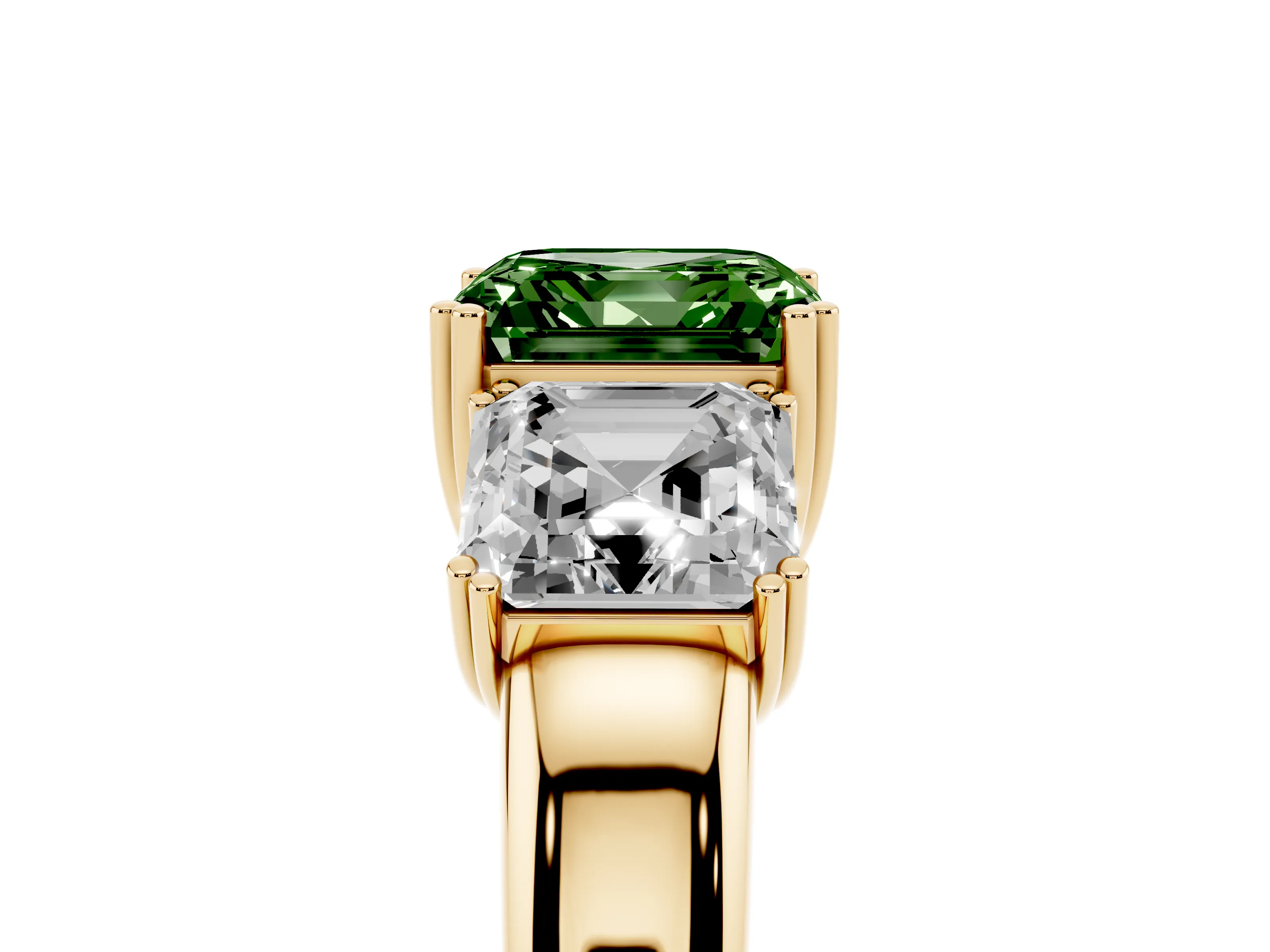 Fancy Green Asscher Cut Diamond Three-Stone Ring Set in Yellow gold with Polished Band and Prong Setting
