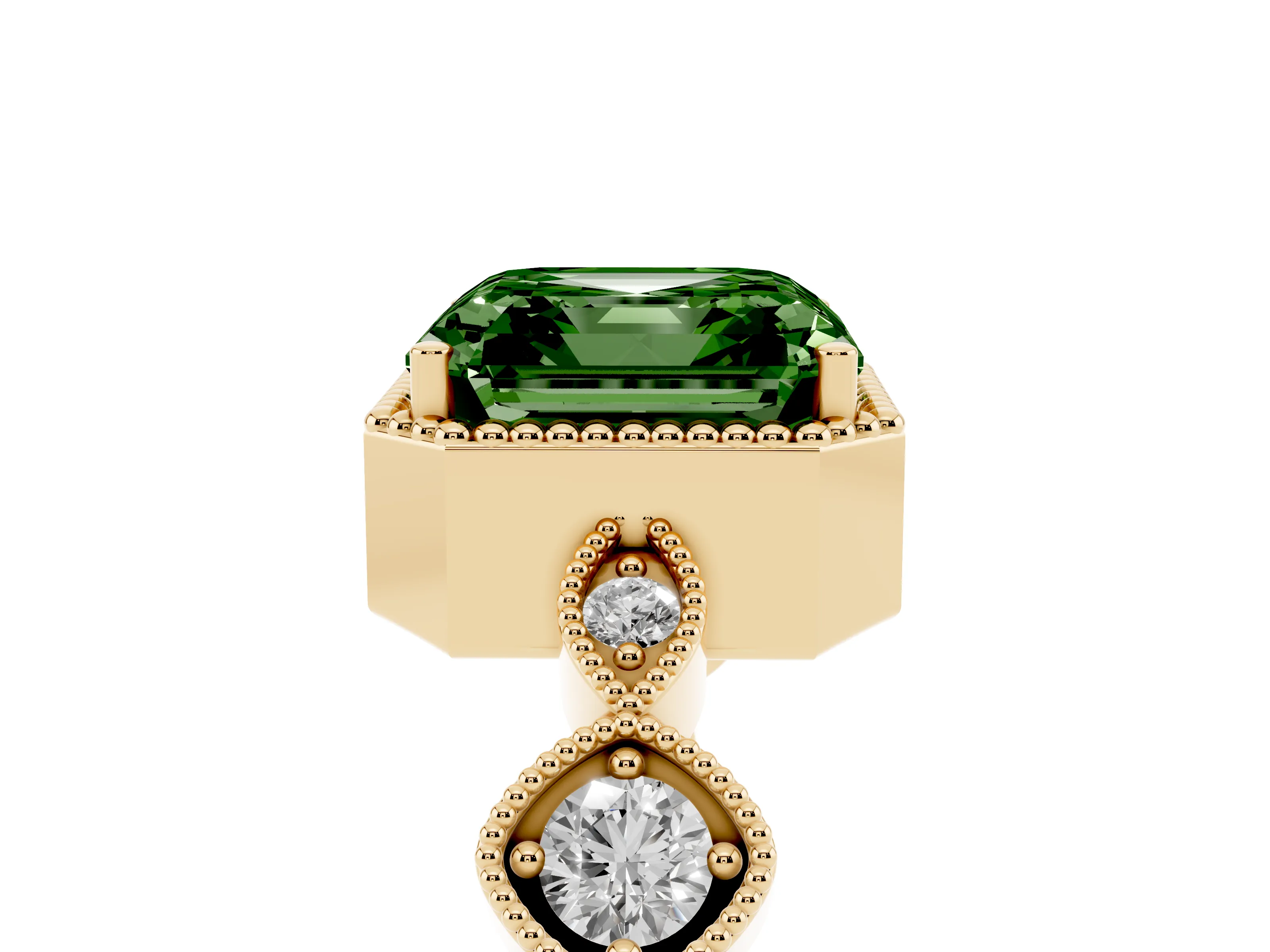 Fancy Green Asscher Cut Diamond Vintage-Inspired Milgrain Ring Set in Yellow gold with Marquise Stations of Round Accents