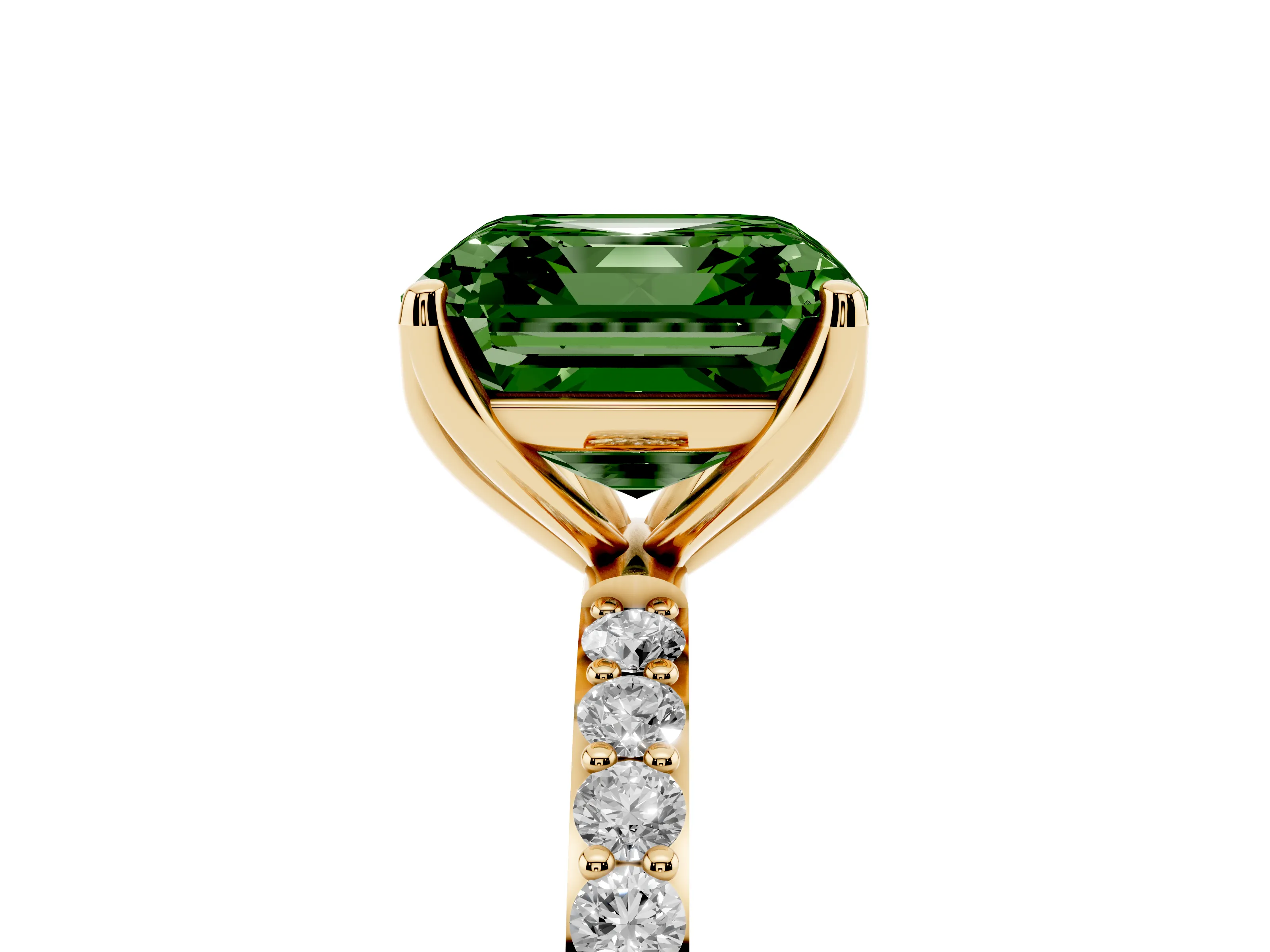 Fancy Green Asscher Cut Diamond Solitaire Engagement Ring Set in Yellow gold with Round Pavé Band and Prong Setting